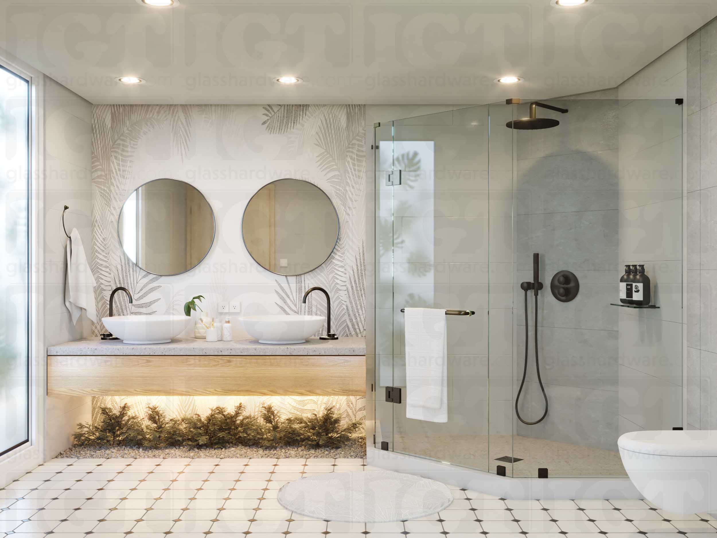 A modern bathroom with a frameless glass shower enclosure using the Left Wall-to-Glass Sleeve Over Clamp. Oil Rubbed Bronze.