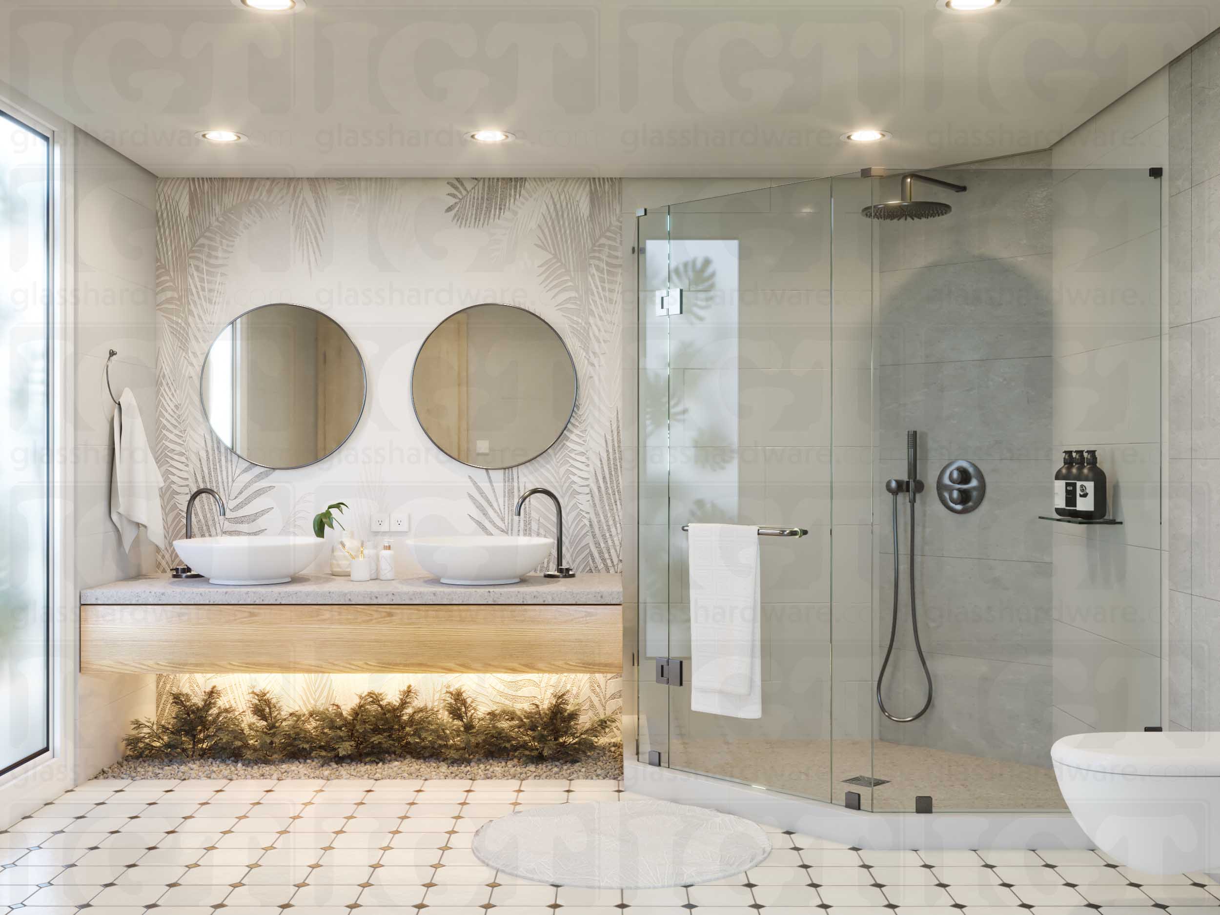 A modern bathroom with a frameless glass shower enclosure using the Left Wall-to-Glass Sleeve Over Clamp. Polished Gun Metal.