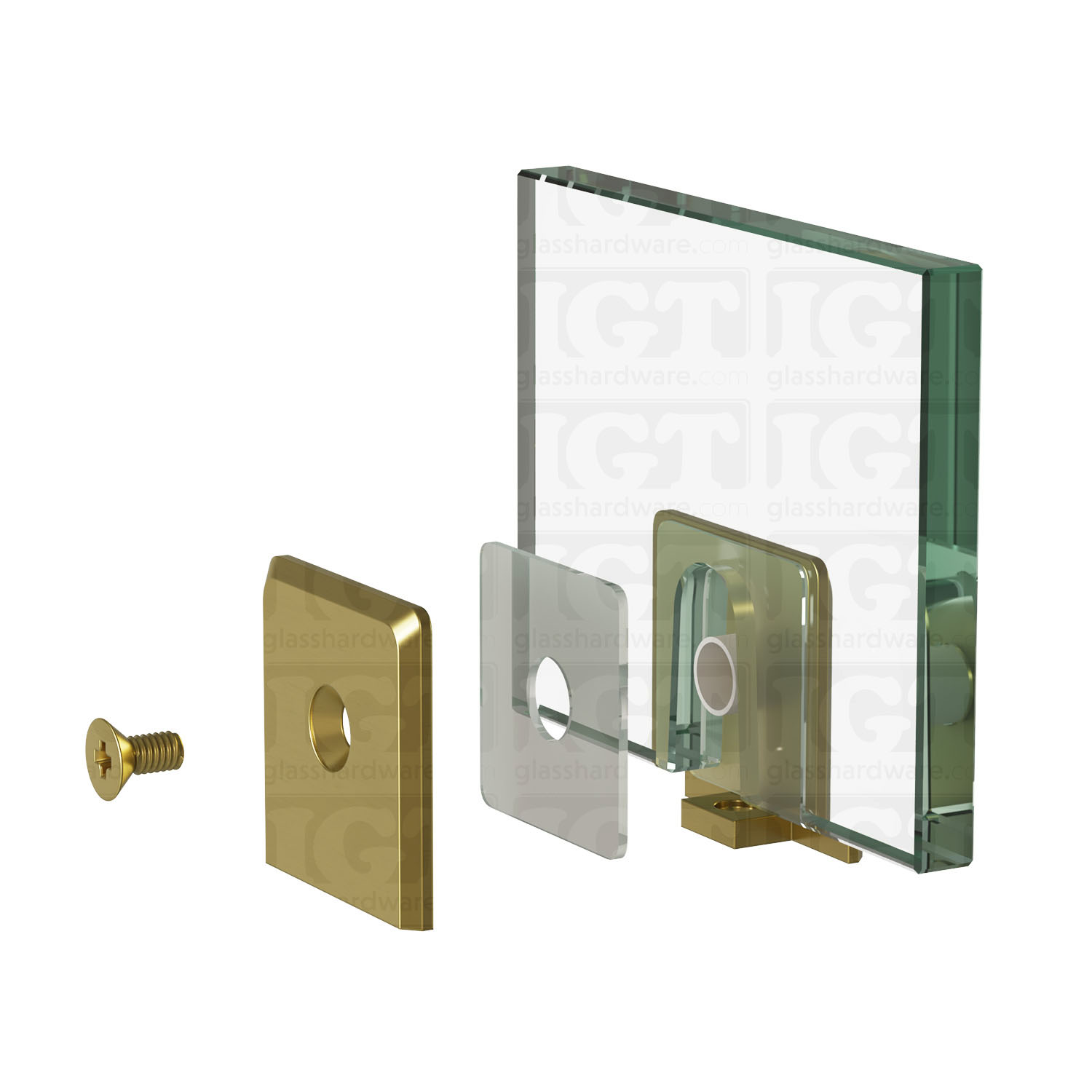 An exploded view of a Wall-to-Glass Bilboa Clamp assembly. The image shows the clamp's plates, clear gasket, and screw being fitted onto a glass planel. Gold Brushed.