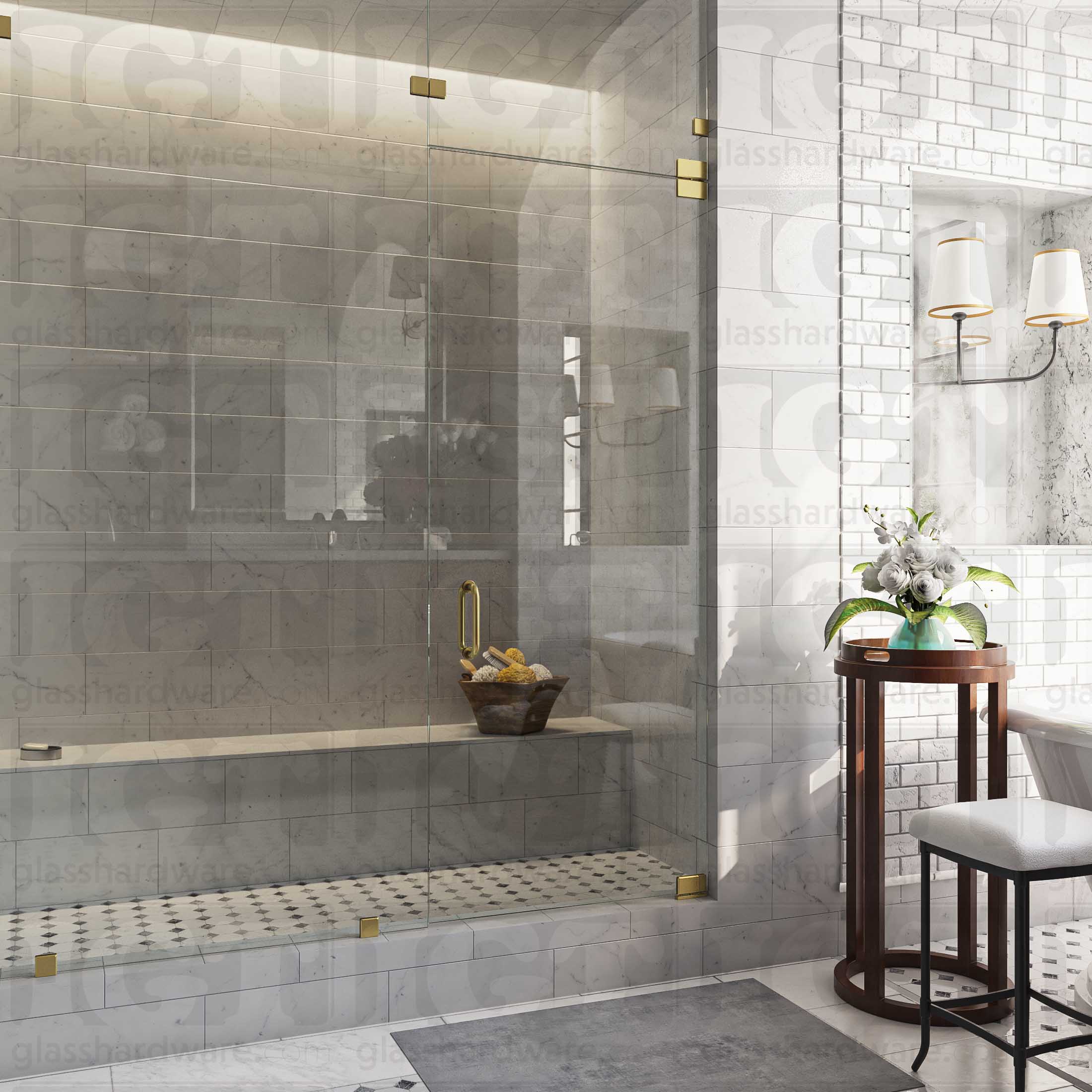 An elegant bathroom featuring a frameless glass shower enclosure, secured with Glass-to-Glass 180 Degree Bilboa Clamps (Split Face). The shower's frameless design elevates the bathroom's clean and luxurious aesthetic. Gold Brushed.