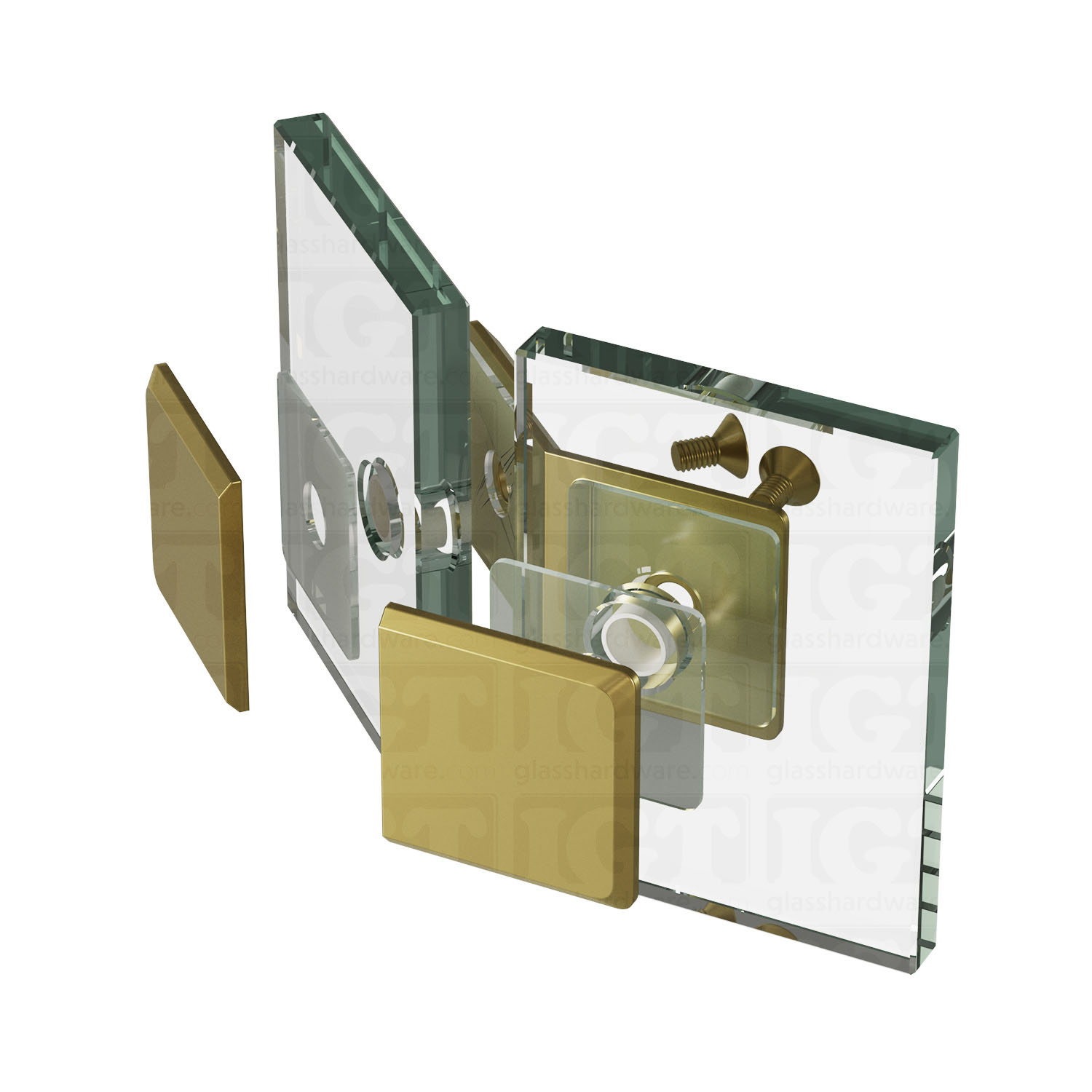 An exploded view of a Glass-to-Glass 135 Degree Bilboa Clamp assembly. The image shows the clamp's plates, clear gaskets, and screws being fitted onto two glass planels meeting at an angle. Gold Brushed.