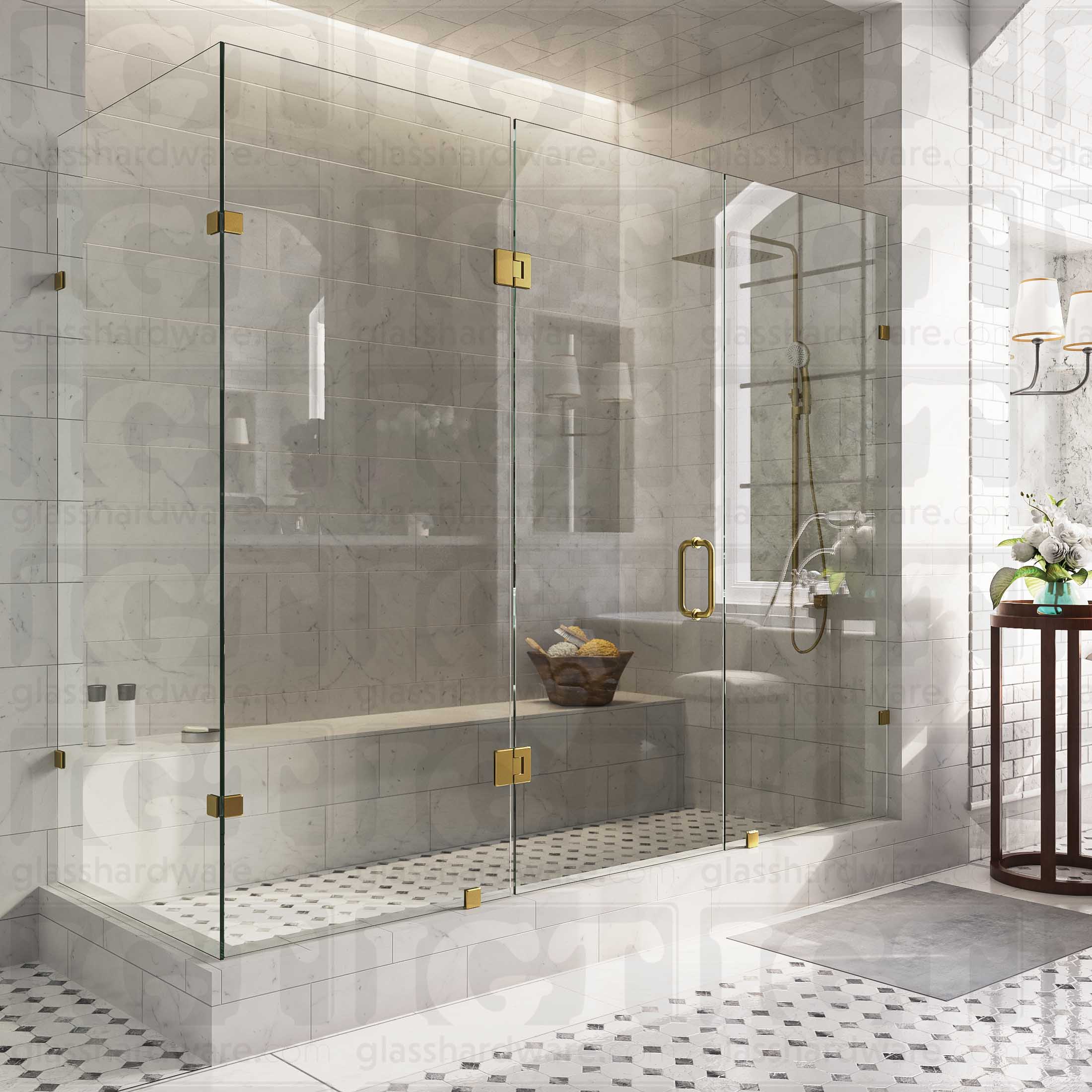 An elegant bathroom featuring a frameless glass shower enclosure, secured with Glass-to-Glass 90 Degree Bilboa Clamps. The shower's frameless design elevates the bathroom's clean and luxurious aesthetic. Gold Brushed.