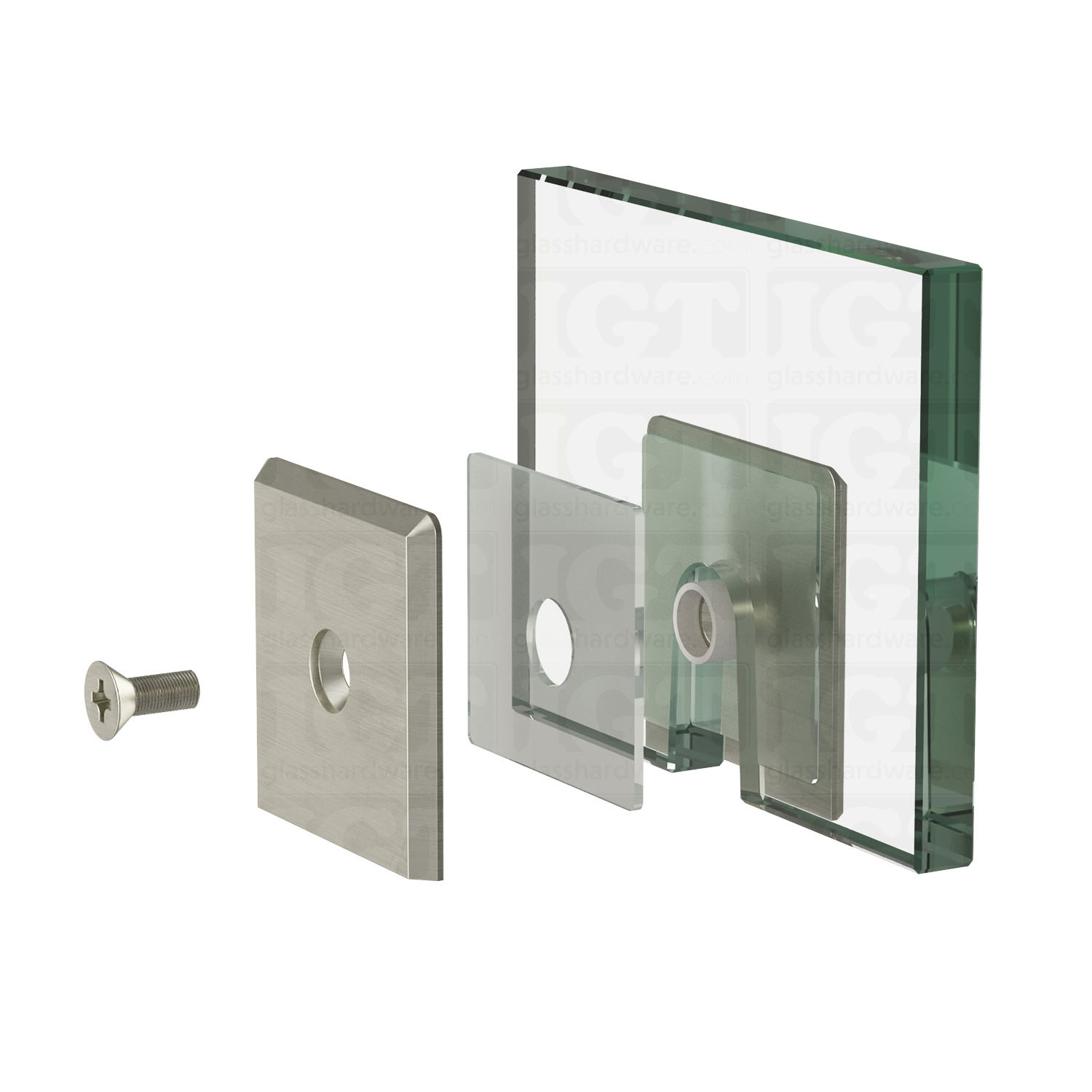 An exploded view of an Oversized Wall-to-Glass Bilboa Clamp assembly. The image shows the clamp's plates, clear gasket, and screw being fitted onto a glass planel. Brushed Nickel.