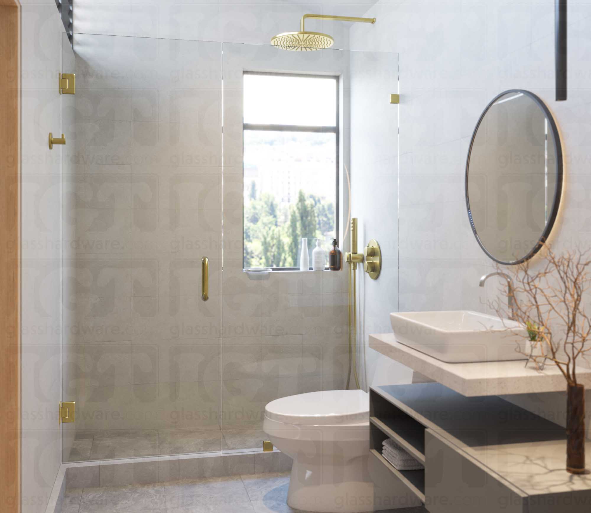 A modern shower door installation using two Wall-to-Glass Full Back Bilboa Hinges, Gold Brushed.