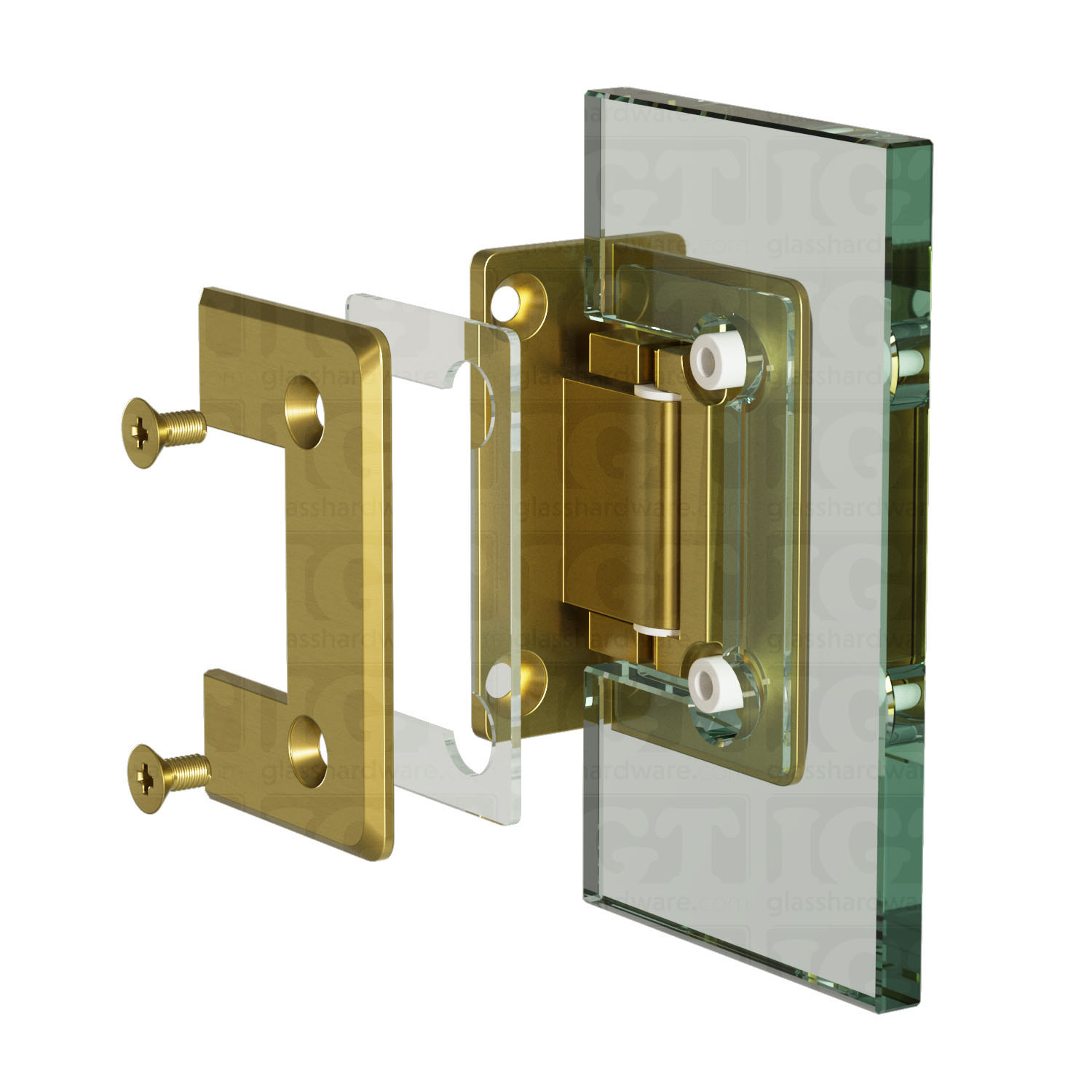 An exploded view of a Wall-to-Glass Full Back Bilboa Hinge assembly, being mounted onto a glass panel. Gold Brushed.