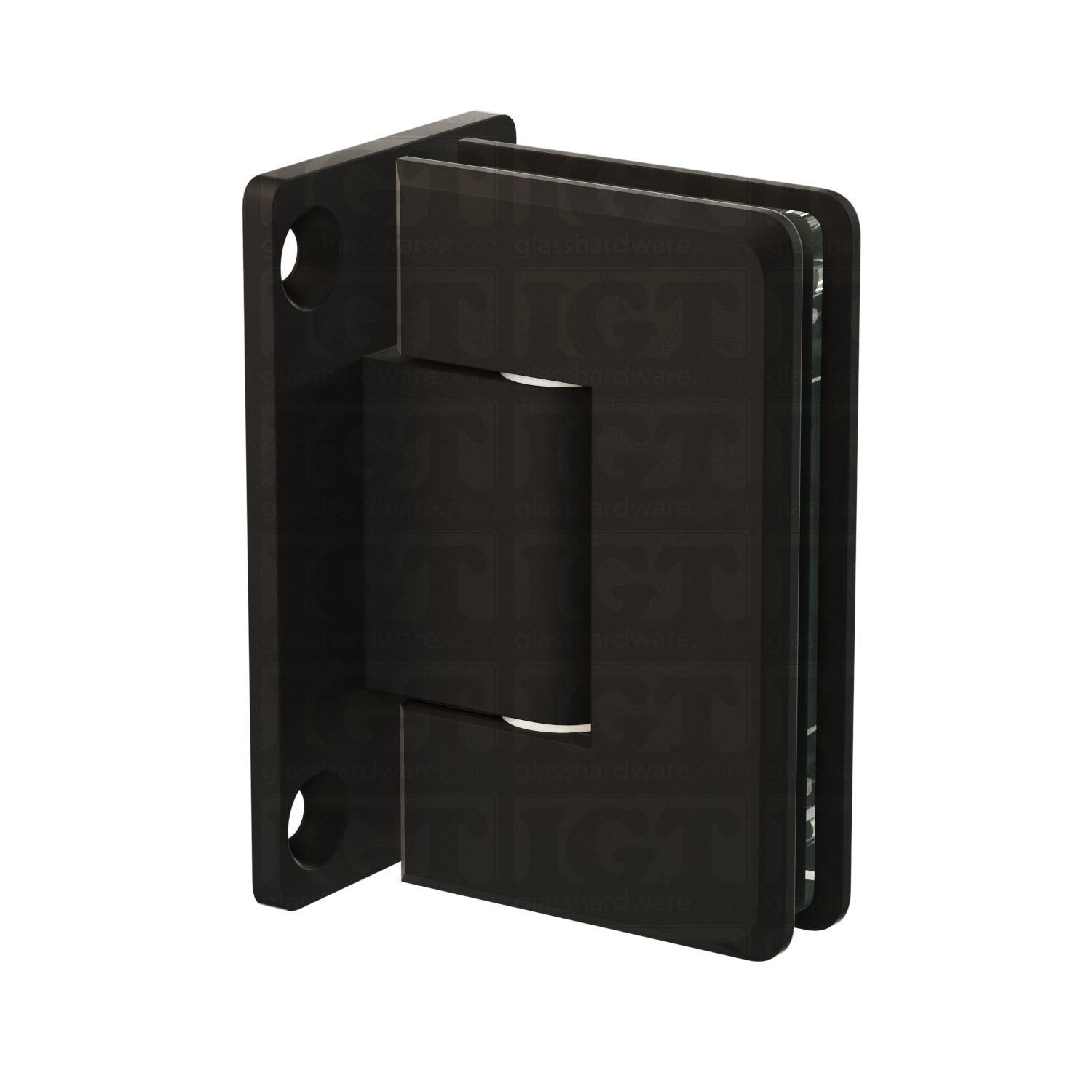 The Wall-to-Glass Full Back Bilboa Hinge in Matte Black.