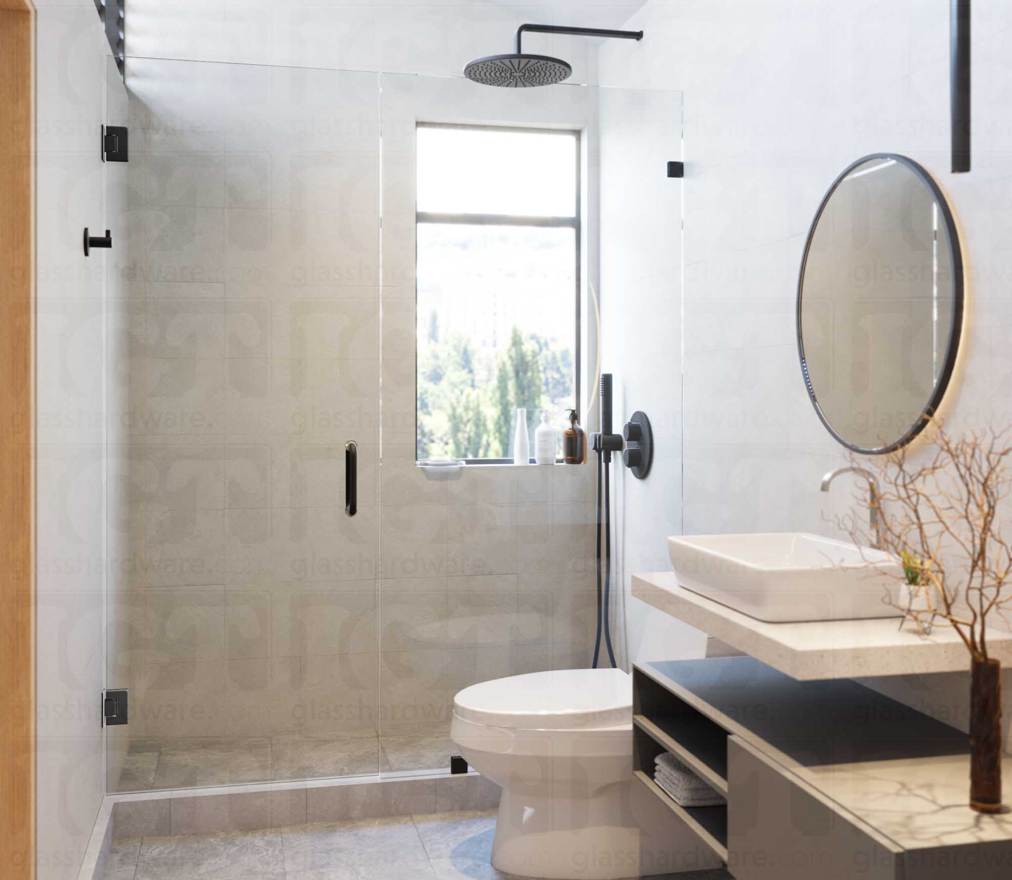 A modern shower door installation using two Wall-to-Glass Full Back Bilboa Hinges, Matte Black.