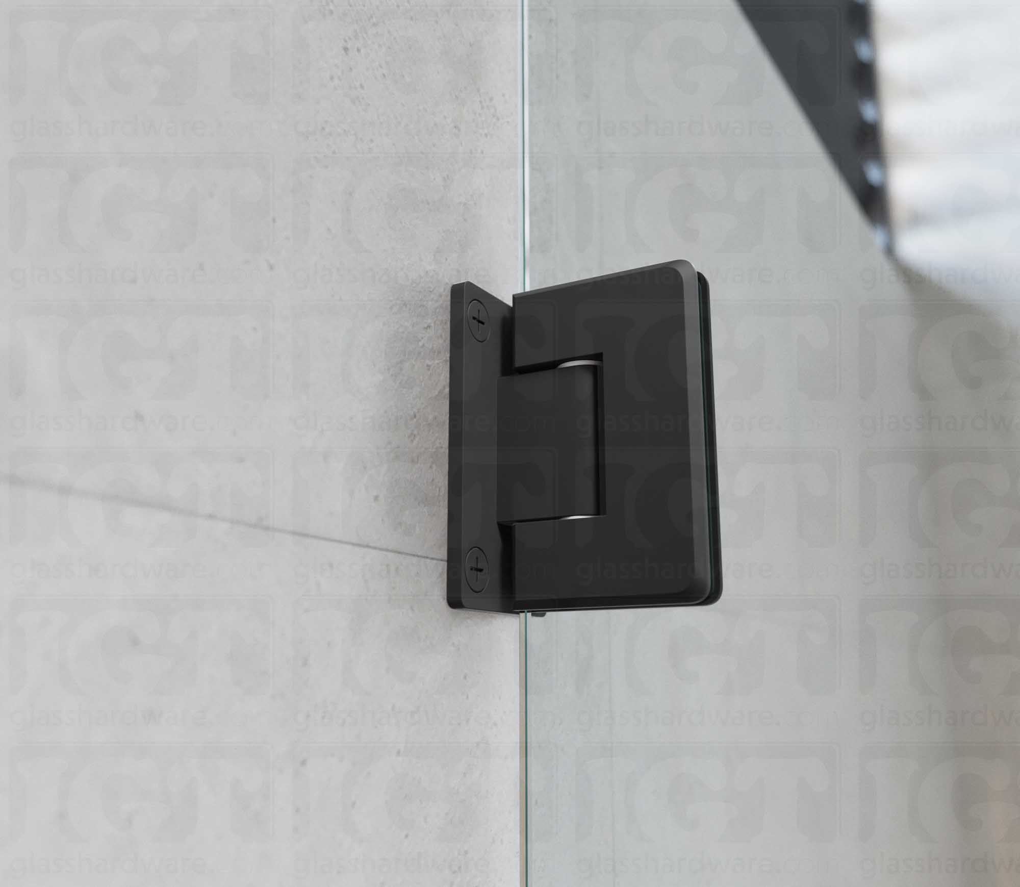 A close-up view of the Wall-to-Glass Full Back Bilboa Hinge installed on a modern shower door, showcasing its Matte Black finish in more detail.