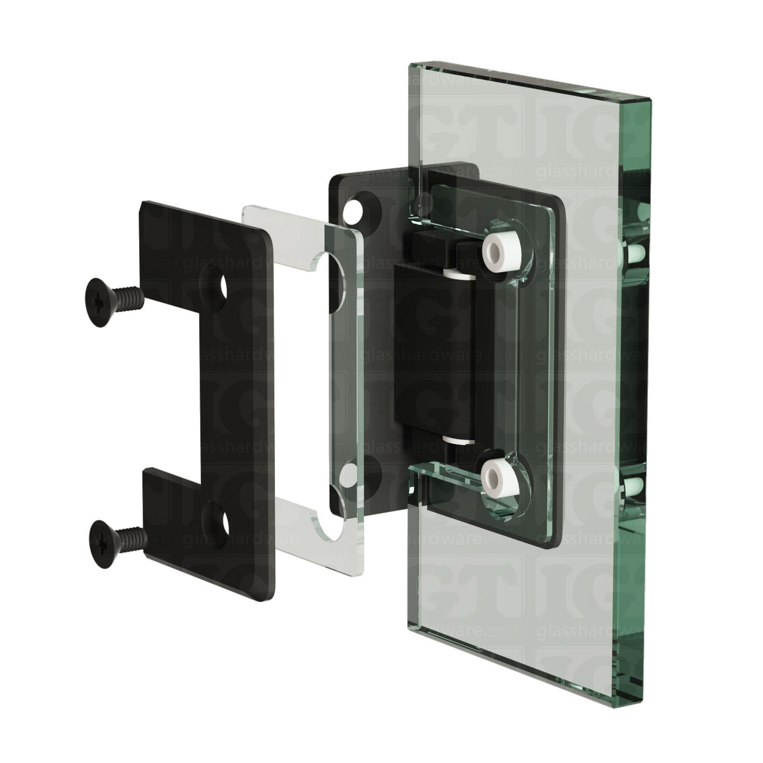 An exploded view of a Wall-to-Glass Full Back Bilboa Hinge assembly, being mounted onto a glass panel. Matte Black.