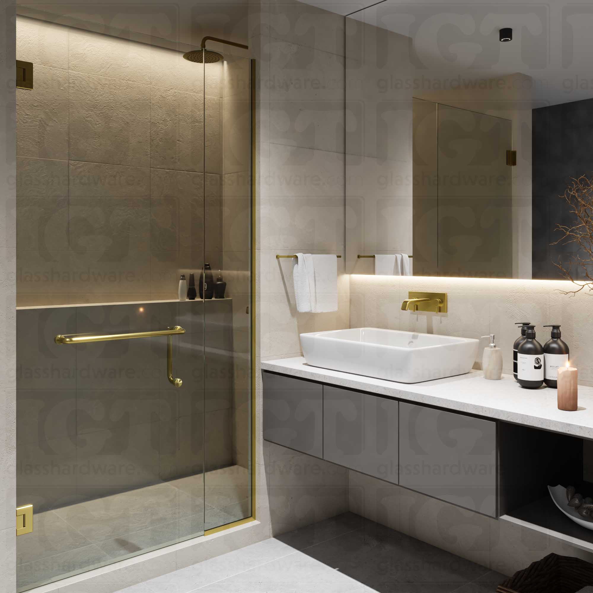 A modern shower door installation using two Wall-to-Glass "H" Back Bilboa Hinges, Gold Brushed.