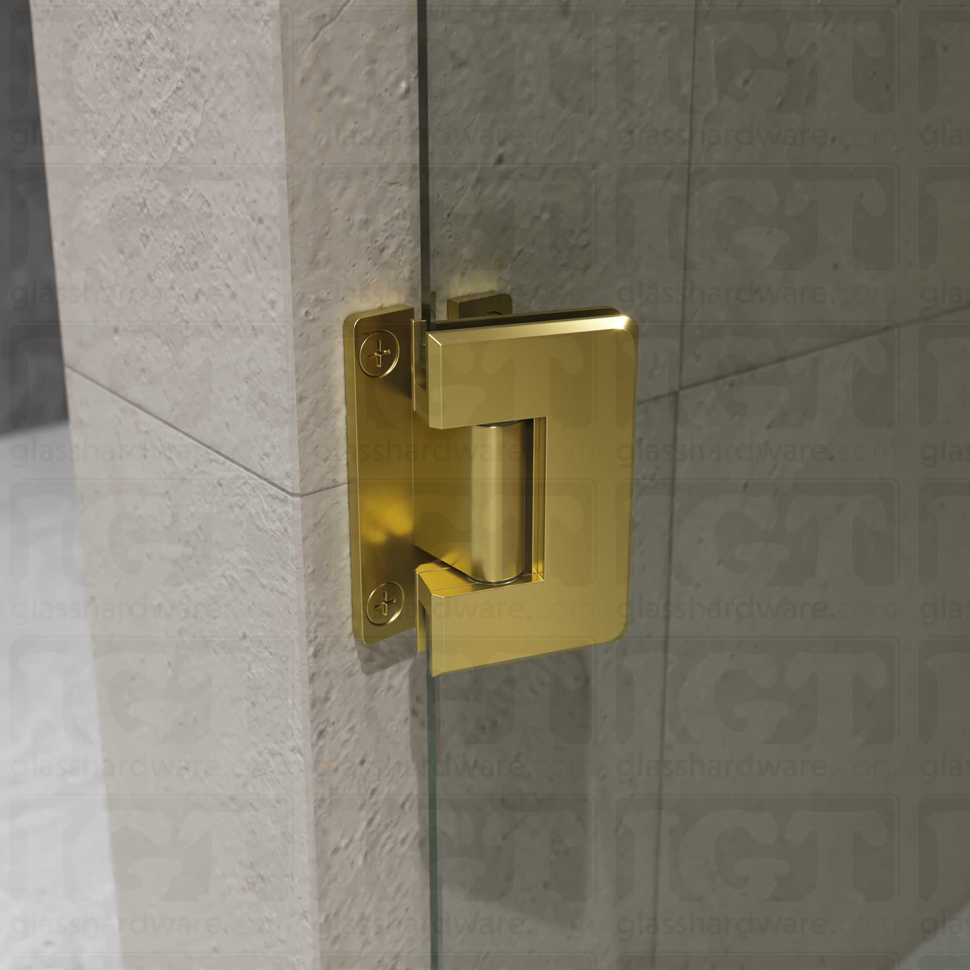 A close-up of the Wall-to-Glass "H" Back Bilboa Hinge in the open position. Gold Brushed.