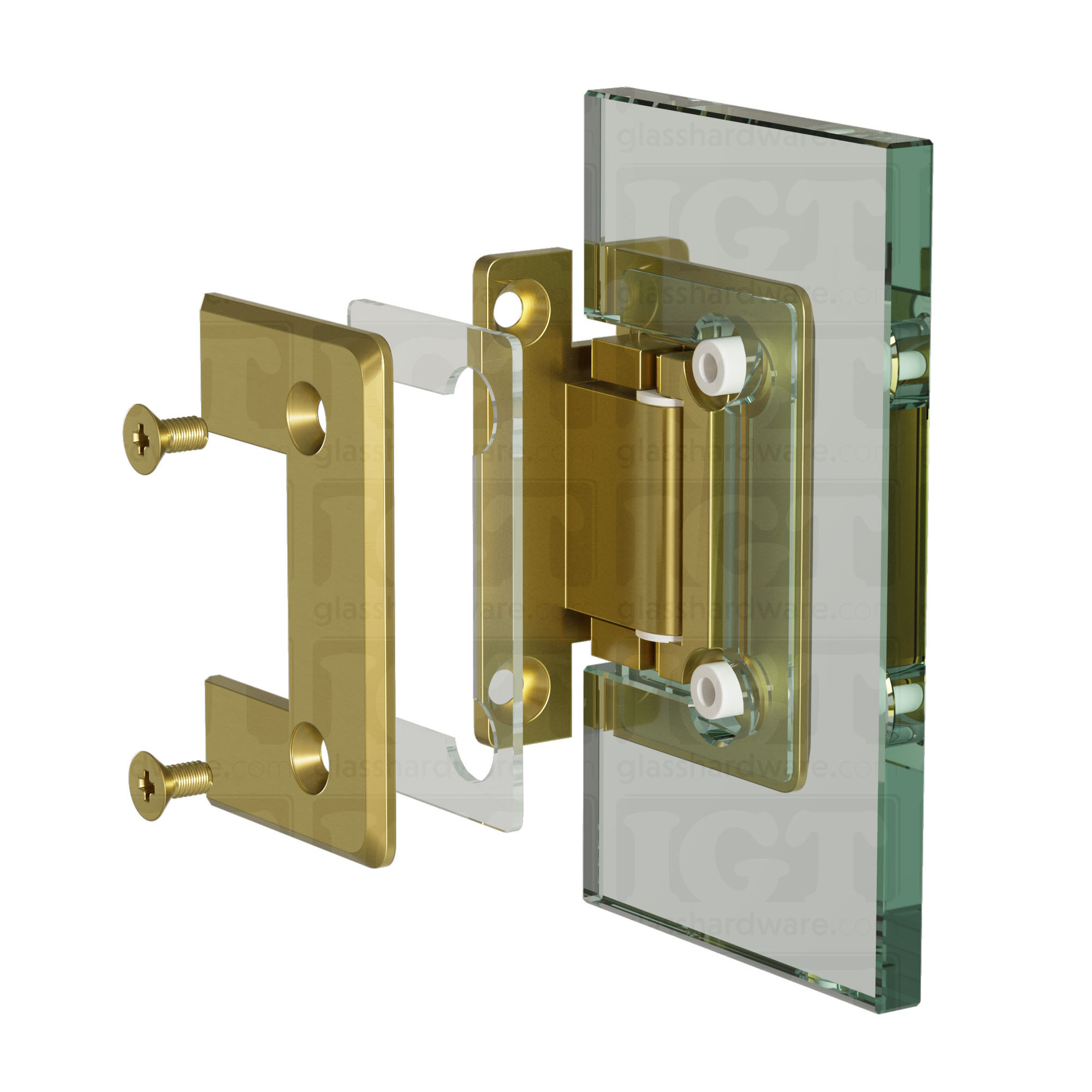 An exploded view of the Wall-to-Glass "H" Back Bilboa Hinge, installed on glass. Gold Brushed.