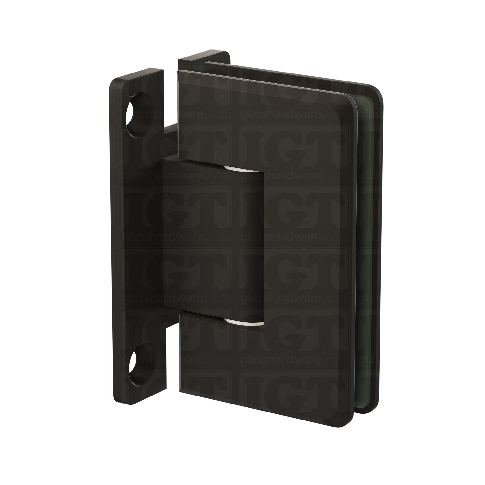 The Wall-to-Glass "H" Back Bilboa Hinge in Matte Black.