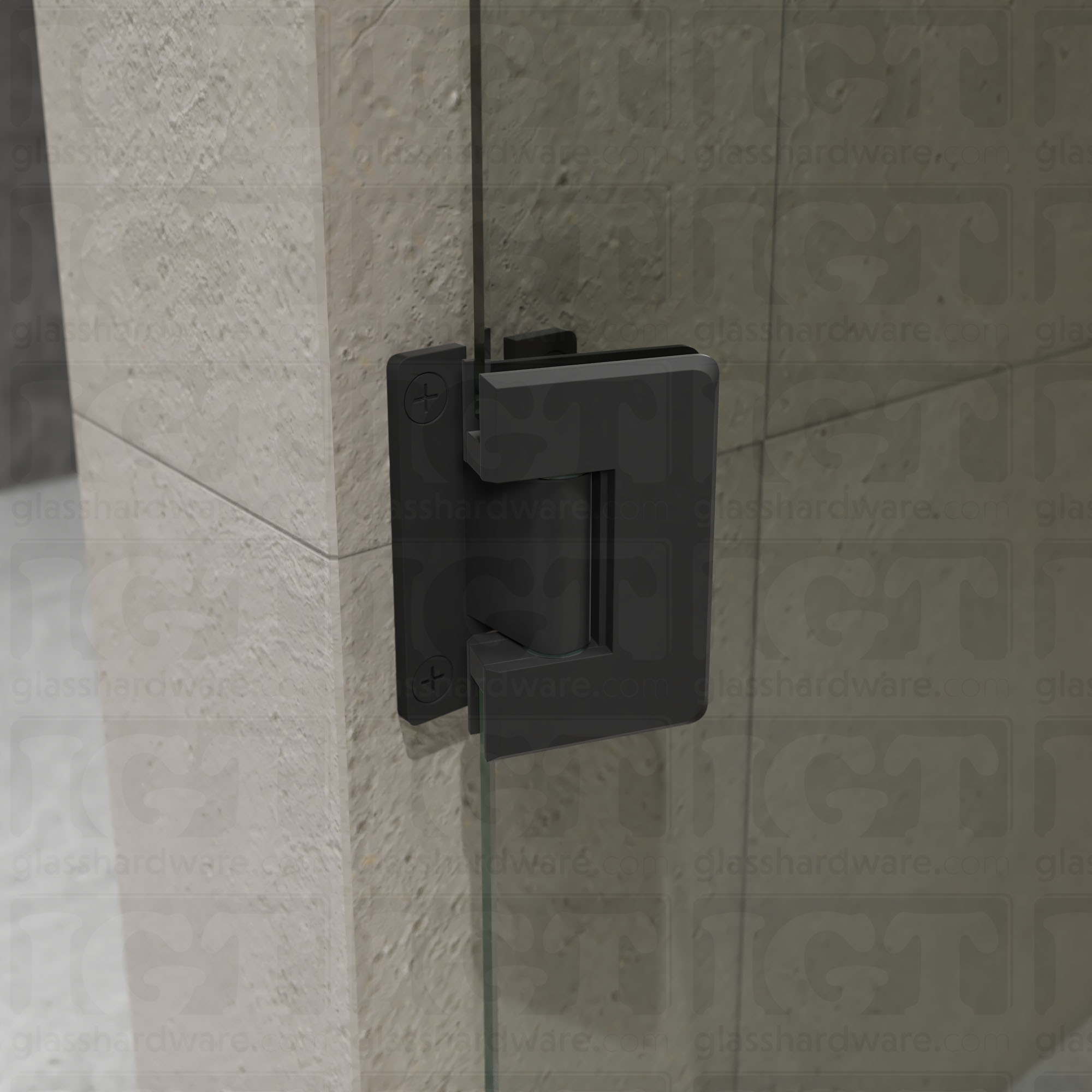 A close-up of the Wall-to-Glass "H" Back Bilboa Hinge in the open position. Matte Black.