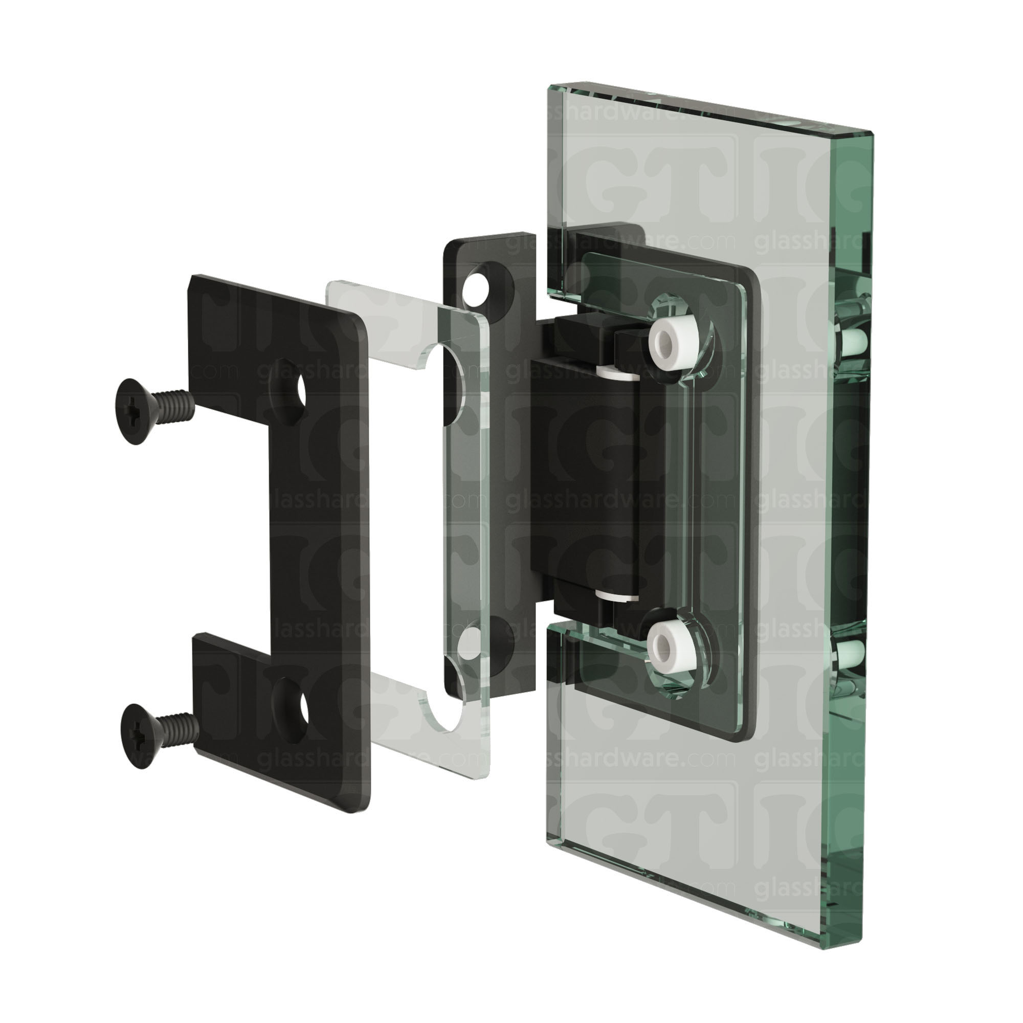 An exploded view of the Wall-to-Glass "H" Back Bilboa Hinge, installed on glass. Matte Black.