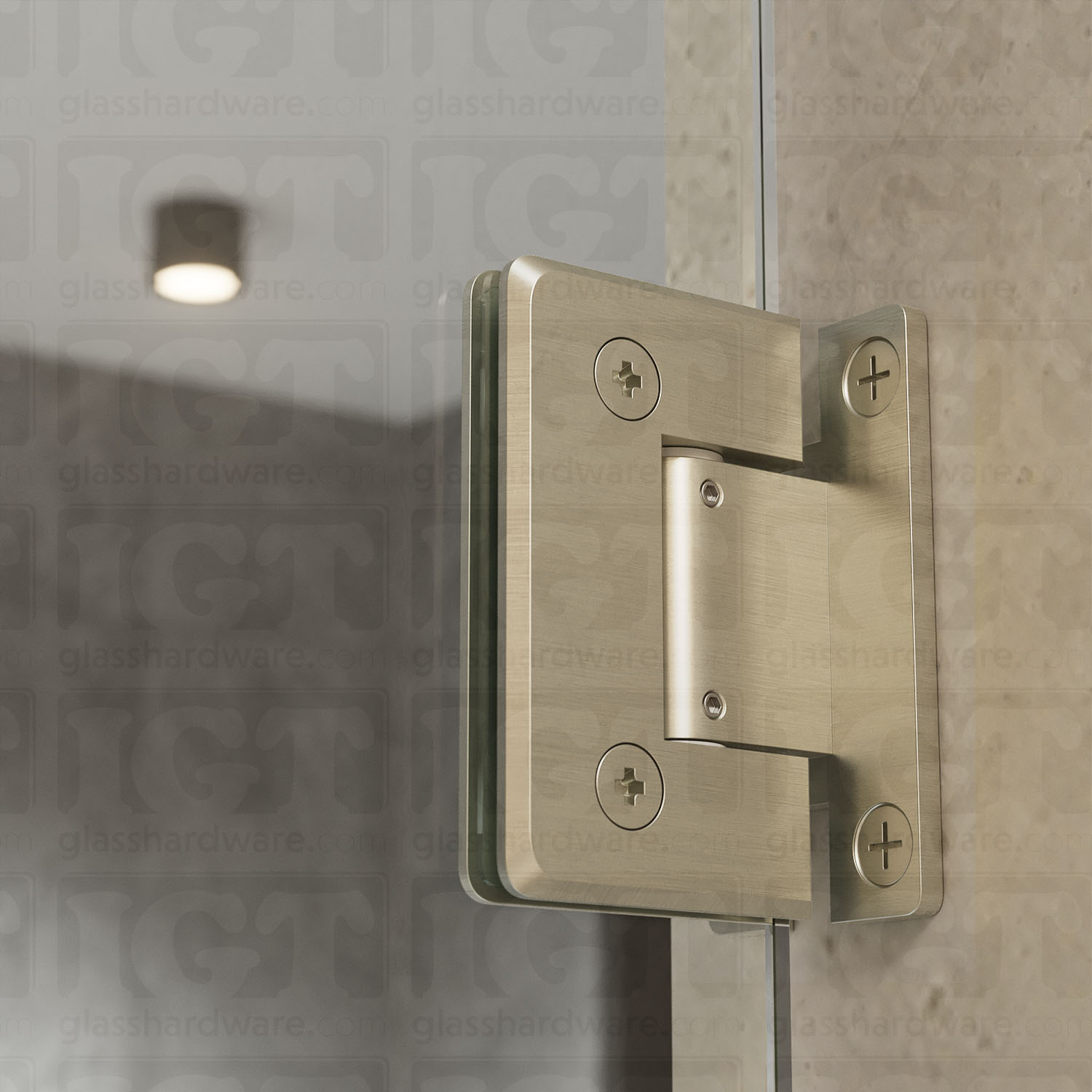 A close up view of the Adjustable Wall-to-Glass “H” Back Bilboa Hinge from inside the shower, showcasing it's sleek beveled edge design. Brushed Nickel.