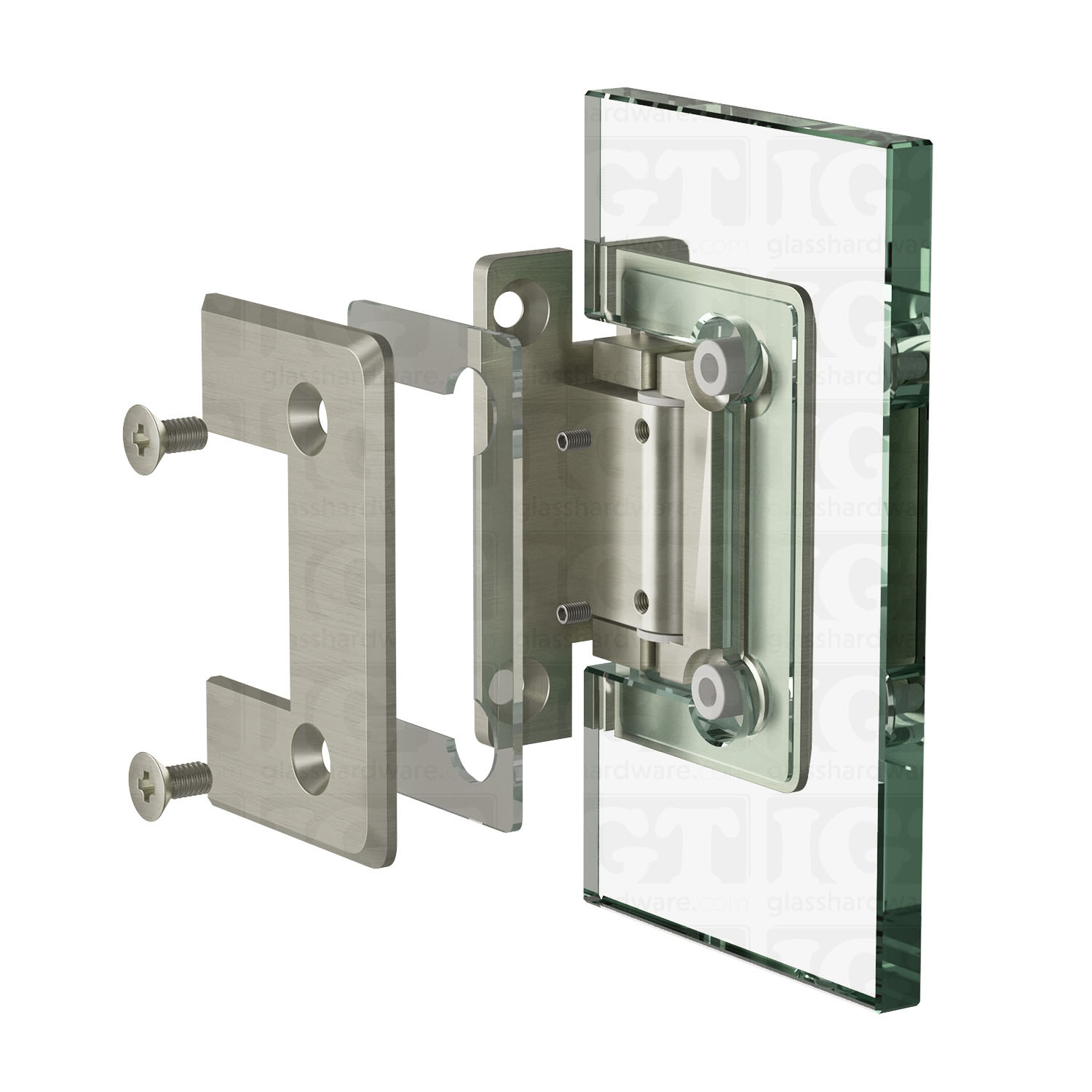 An exploded view of an Adjustable Wall-to-Glass "H" Back Bilboa Hinge assembly. The image shows the clamp's plates, clear gaskets, and screws being fitted onto a glass panel. Brushed Nickel.