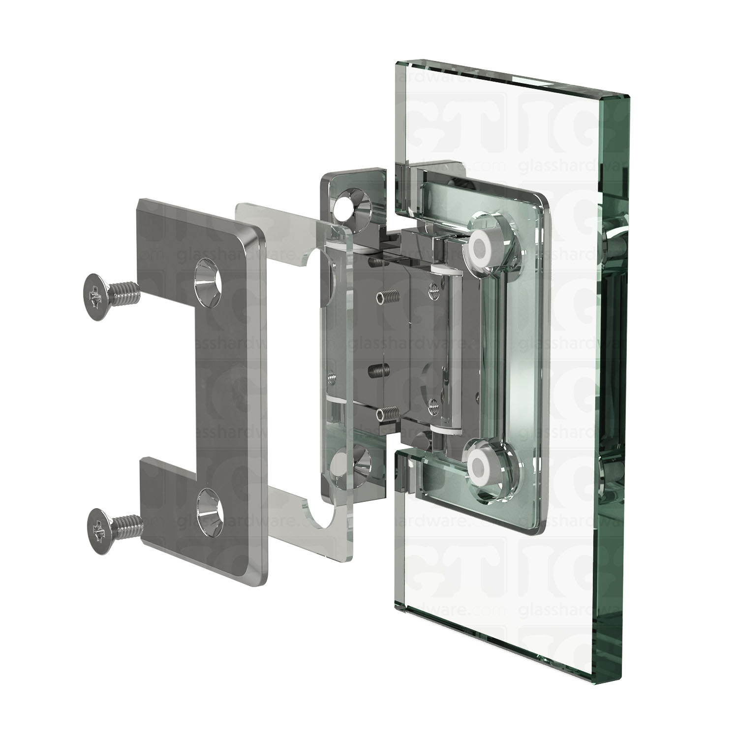 An exploded view of an Adjustable Wall-to-Glass "H" Back Bilboa Hinge assembly. The image shows the clamp's plates, clear gaskets, and screws being fitted onto a glass panel. Chrome Polished.