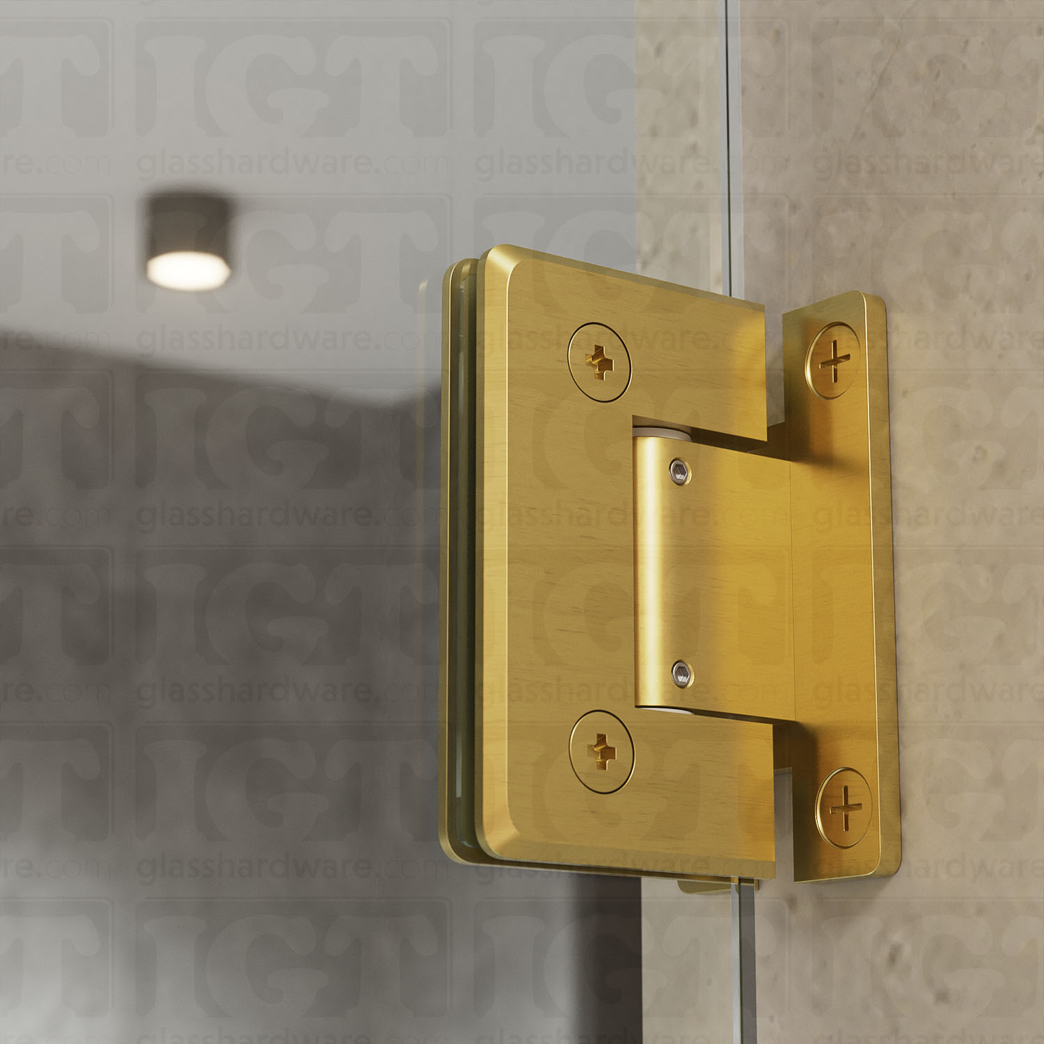 A close up view of the Adjustable Wall-to-Glass “H” Back Bilboa Hinge from inside the shower, showcasing it's sleek beveled edge design. Gold Brushed.