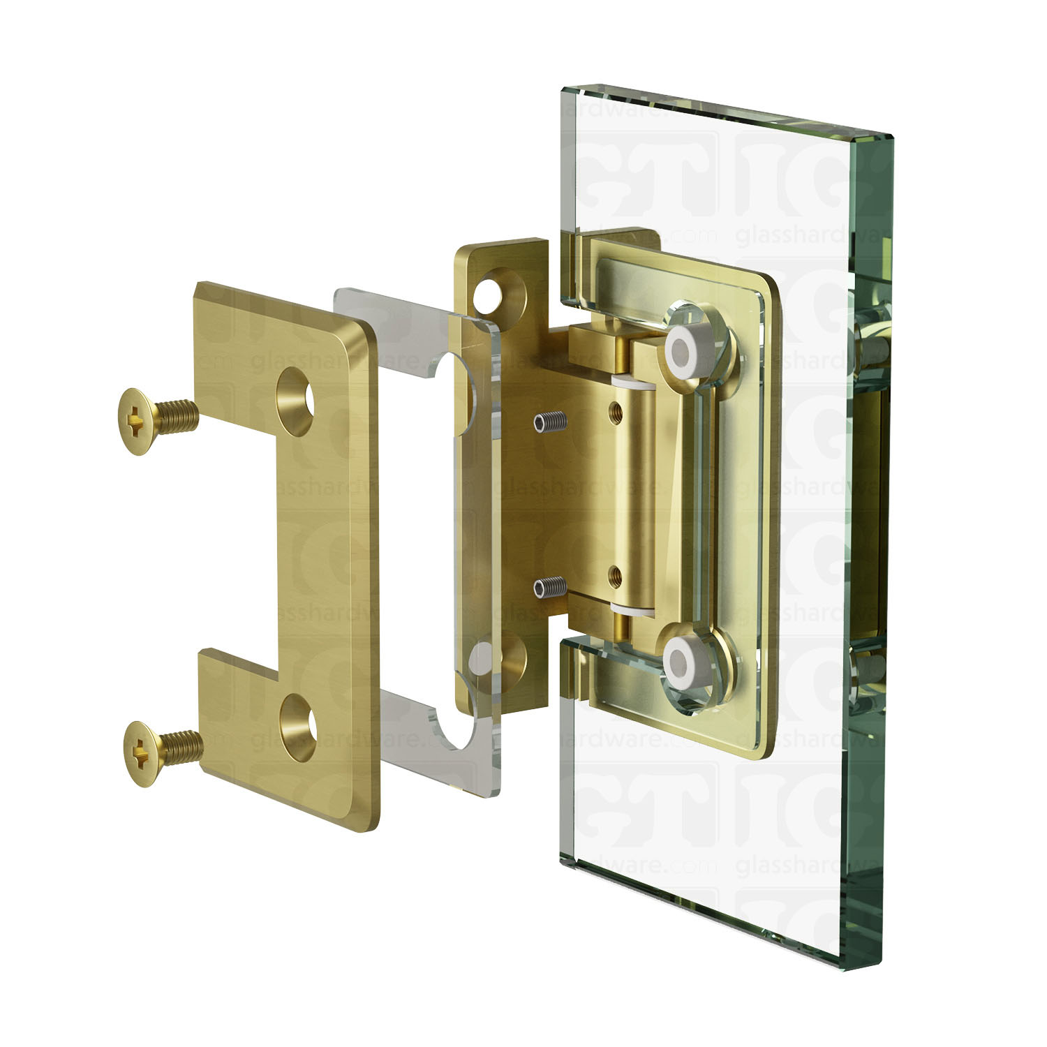 An exploded view of an Adjustable Wall-to-Glass "H" Back Bilboa Hinge assembly. The image shows the clamp's plates, clear gaskets, and screws being fitted onto a glass panel. Gold Brushed.