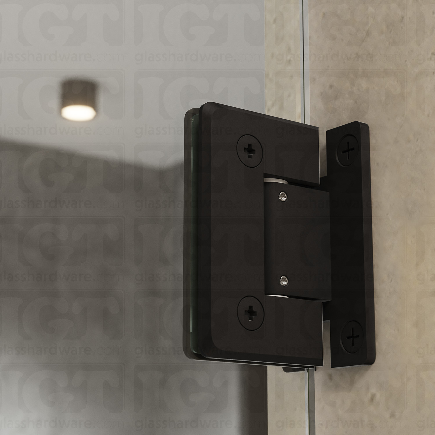 A close up view of the Adjustable Wall-to-Glass “H” Back Bilboa Hinge from inside the shower, showcasing it's sleek beveled edge design. Matte Black.