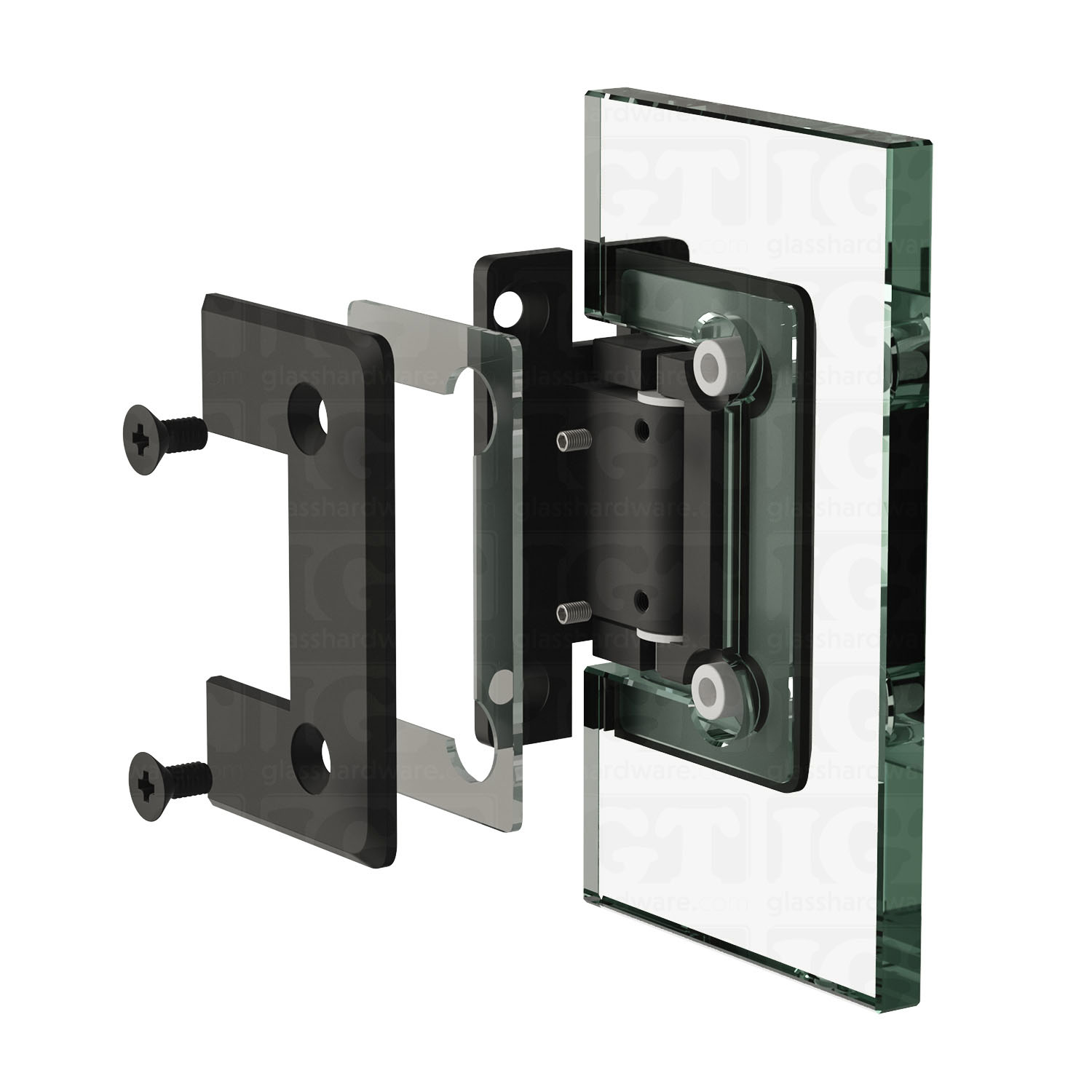 An exploded view of an Adjustable Wall-to-Glass "H" Back Bilboa Hinge assembly. The image shows the clamp's plates, clear gaskets, and screws being fitted onto a glass panel. Matte Black.