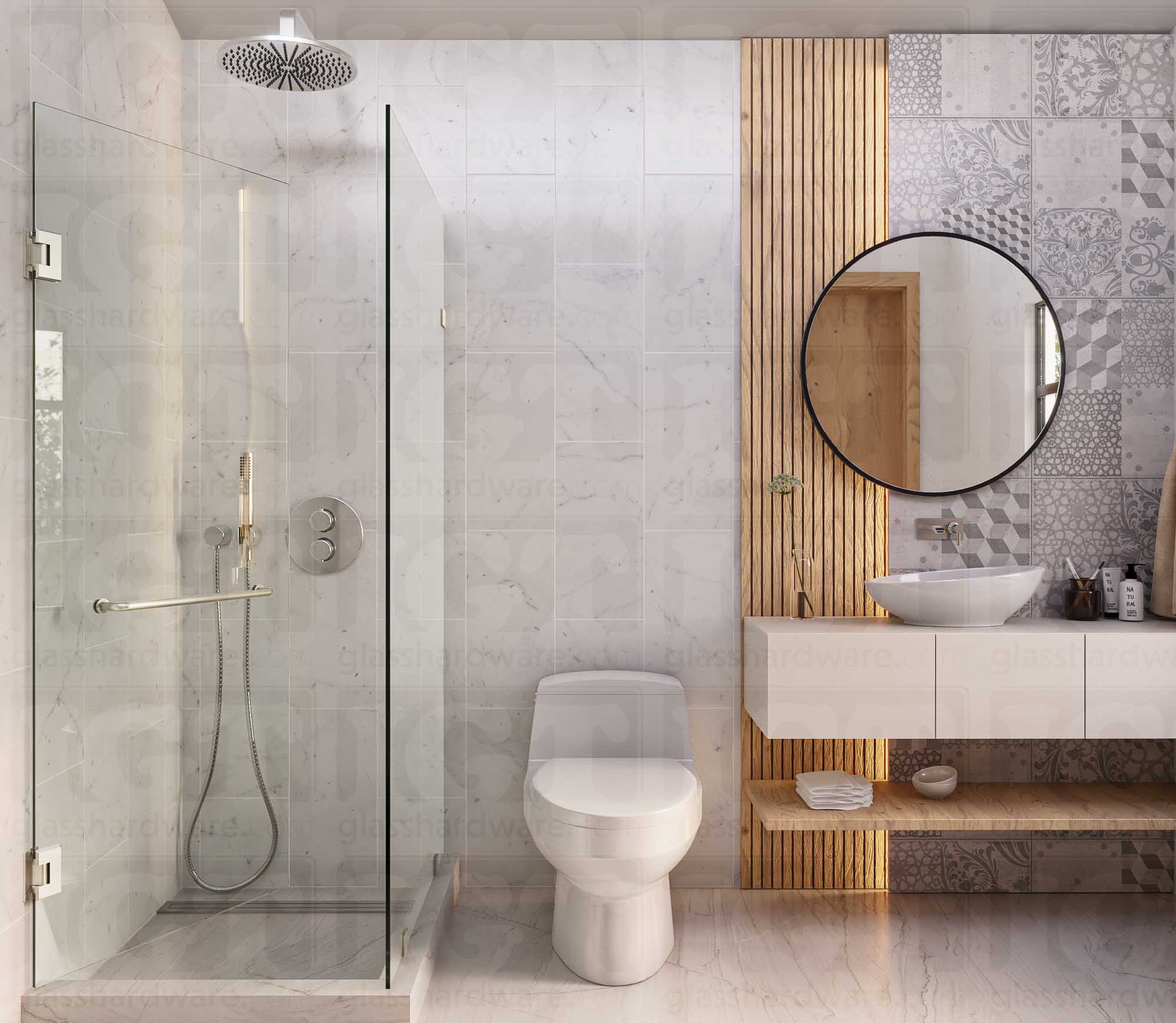 A modern bathroom with a frameless glass shower enclosure. The glass shower door is secured with two Heavy Duty Wall-to-Glass “H” Back Bilboa Hinges in Brushed Nickel.