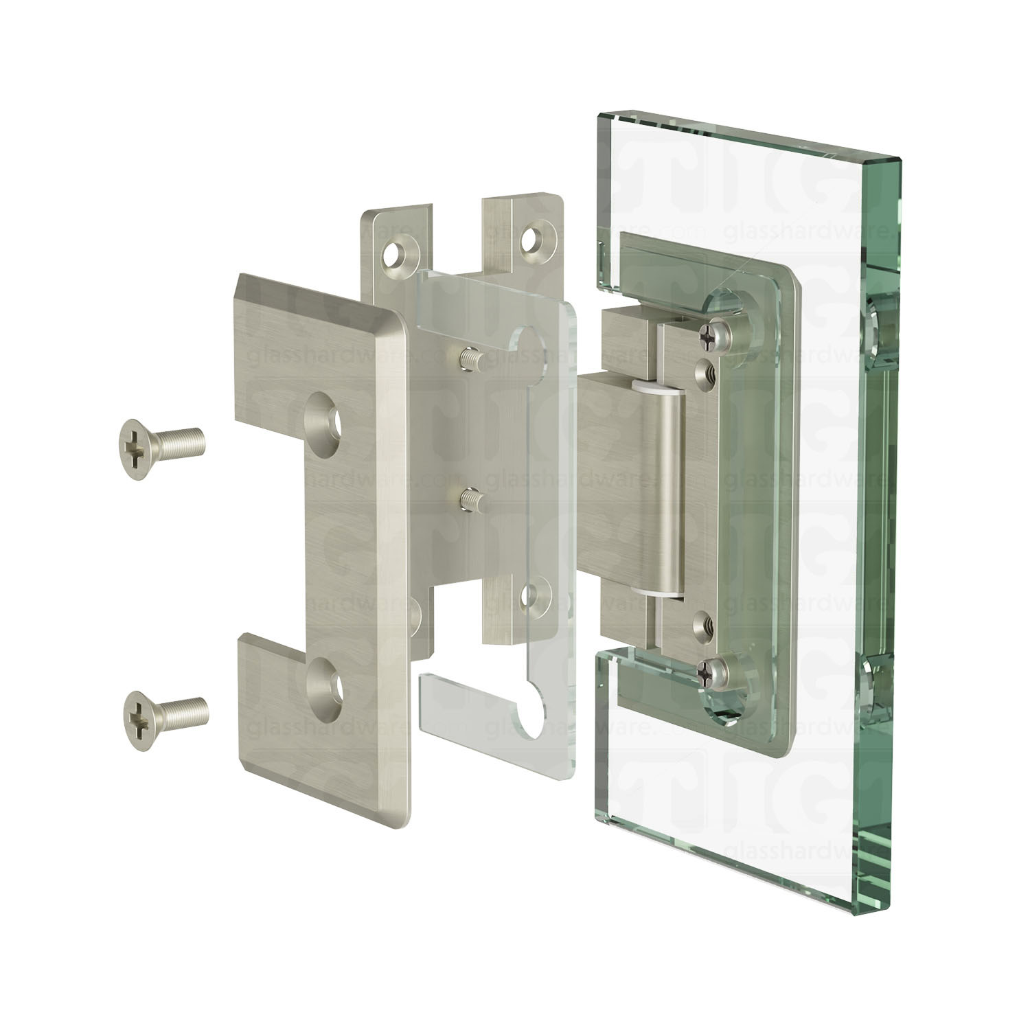 An exploded view of a Heavy Duty Wall-to-Glass “H” Back Bilboa Hinge assembly. The image shows the hinge's plates, clear gaskets, and screws being fitted onto a glass planel. Brushed Nickel.