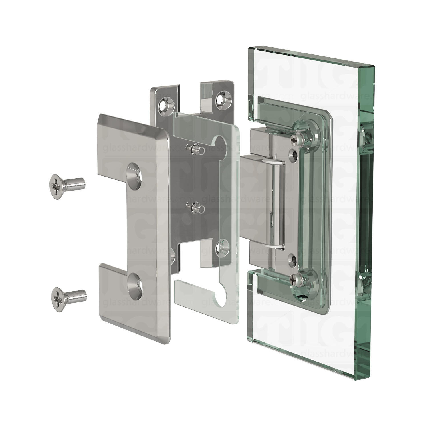 An exploded view of a Heavy Duty Wall-to-Glass “H” Back Bilboa Hinge assembly. The image shows the hinge's plates, clear gaskets, and screws being fitted onto a glass planel. Chrome Polished.