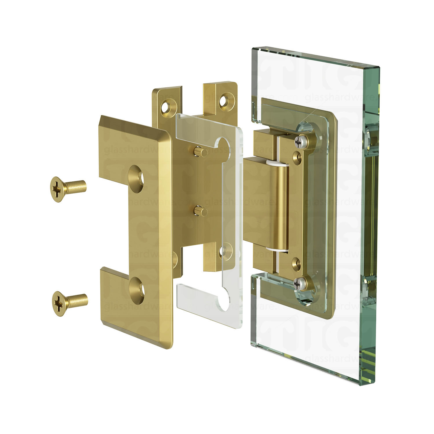 An exploded view of a Heavy Duty Wall-to-Glass “H” Back Bilboa Hinge assembly. The image shows the hinge's plates, clear gaskets, and screws being fitted onto a glass planel. Gold Brushed.