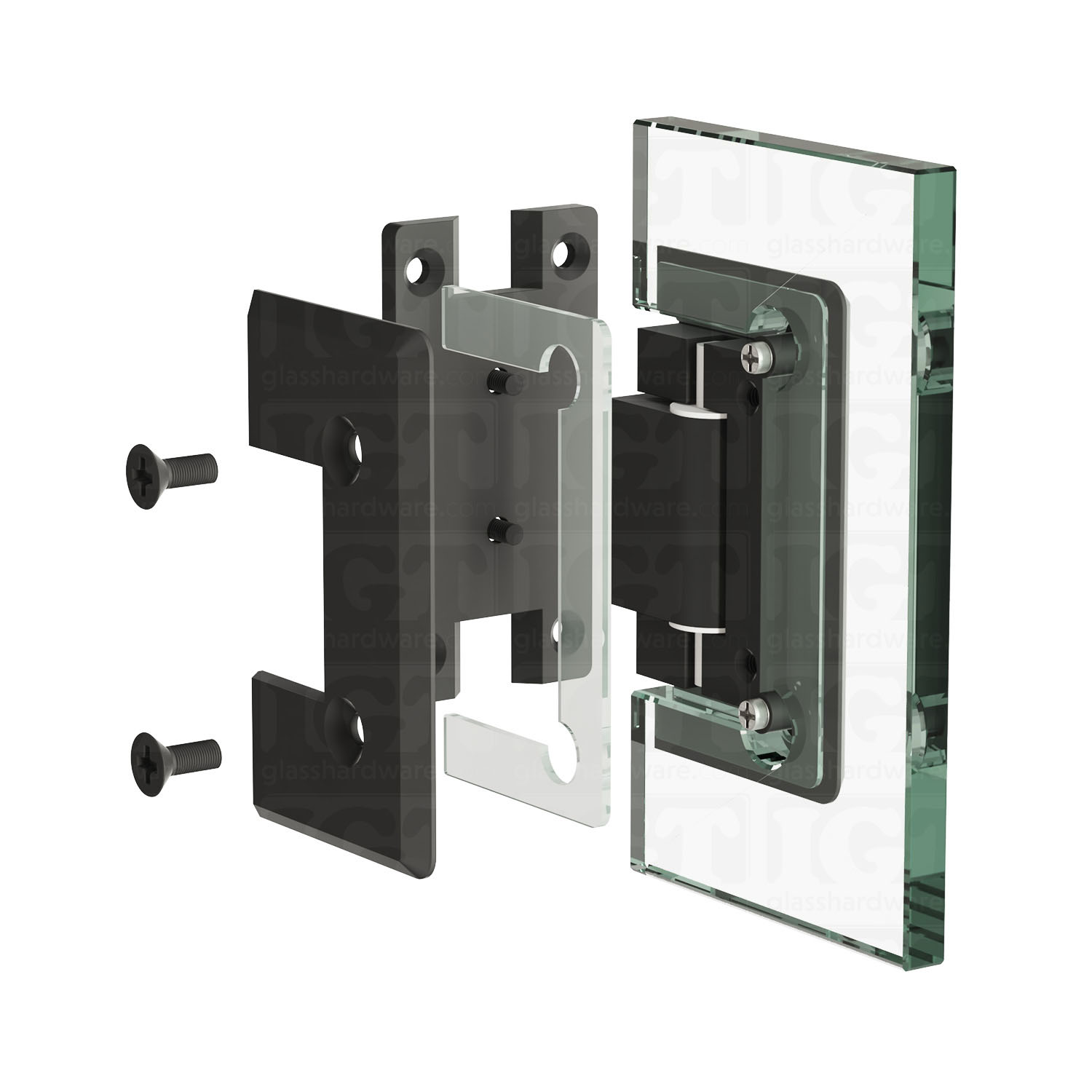 An exploded view of a Heavy Duty Wall-to-Glass “H” Back Bilboa Hinge assembly. The image shows the hinge's plates, clear gaskets, and screws being fitted onto a glass planel. Matte Black.