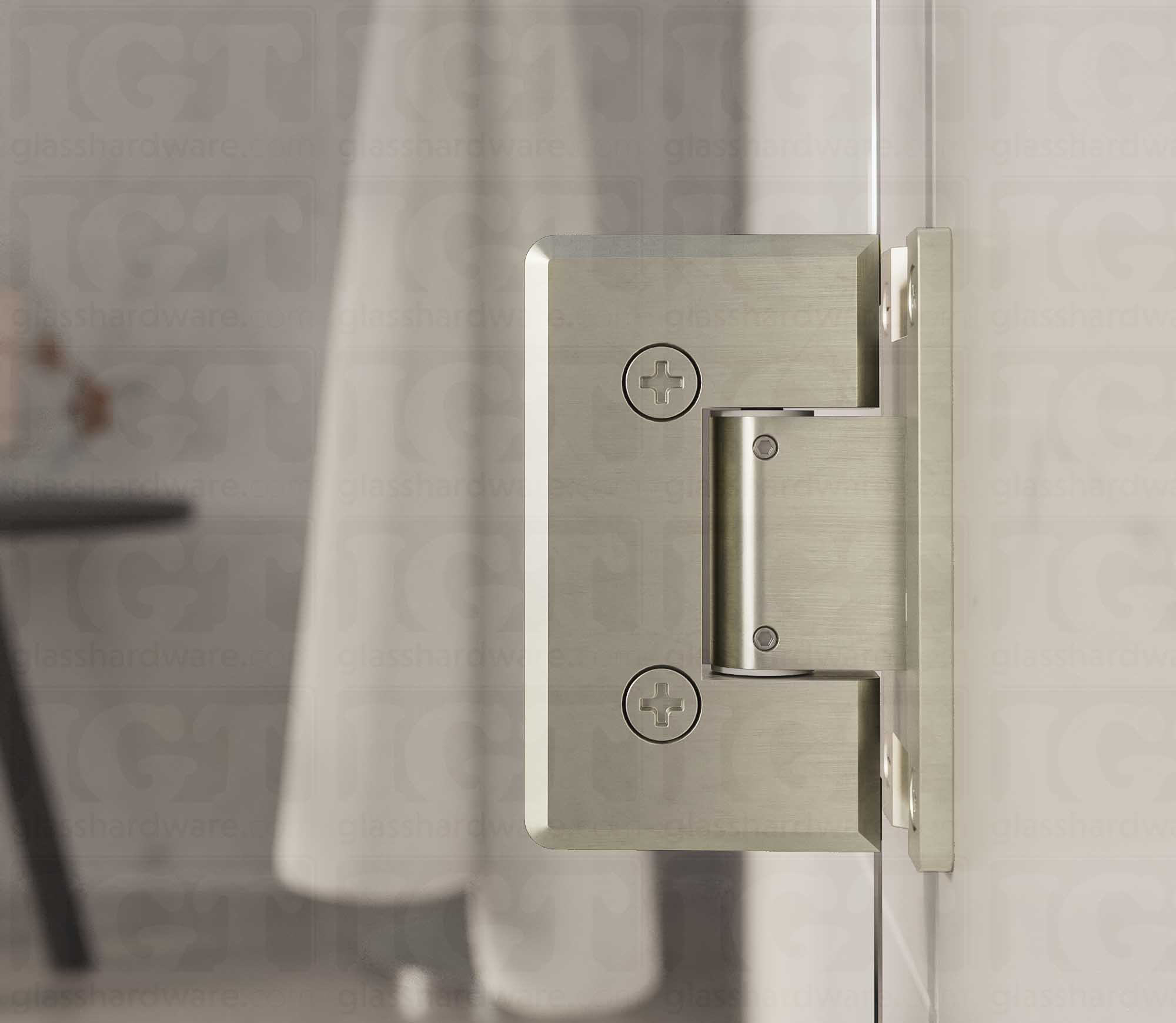 A close-up view from inside the shower of the Heavy Duty Adjustable Wall-to-Glass "H" Back Bilboa Hinge. Brushed Nickel.