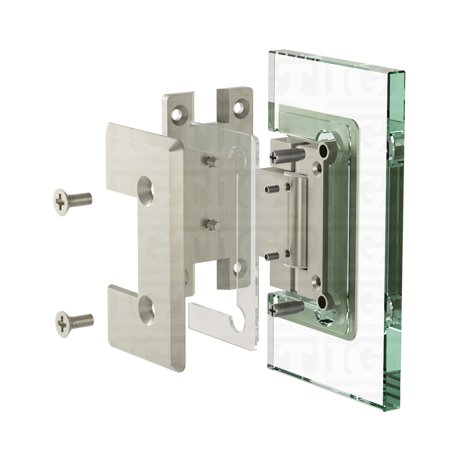 An exploded view of a Heavy Duty Adjustable Wall-to-Glass "H" Back Bilboa Hinge assembly. The image shows the hinge's plates, clear gaskets, and screws being fitted onto a glass planel. Brushed Nickel.