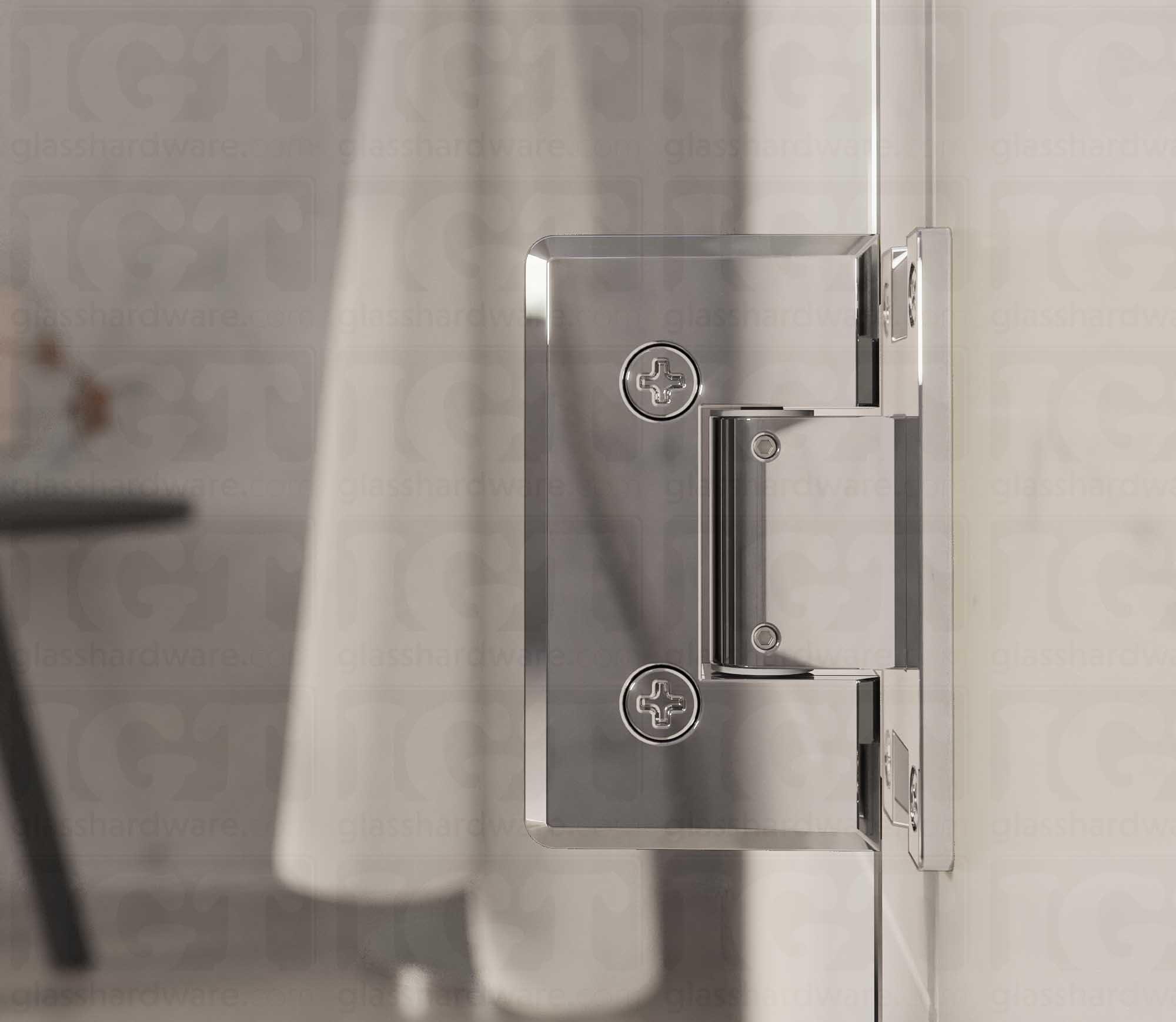 A close-up view from inside the shower of the Heavy Duty Adjustable Wall-to-Glass "H" Back Bilboa Hinge. Chrome Polished.