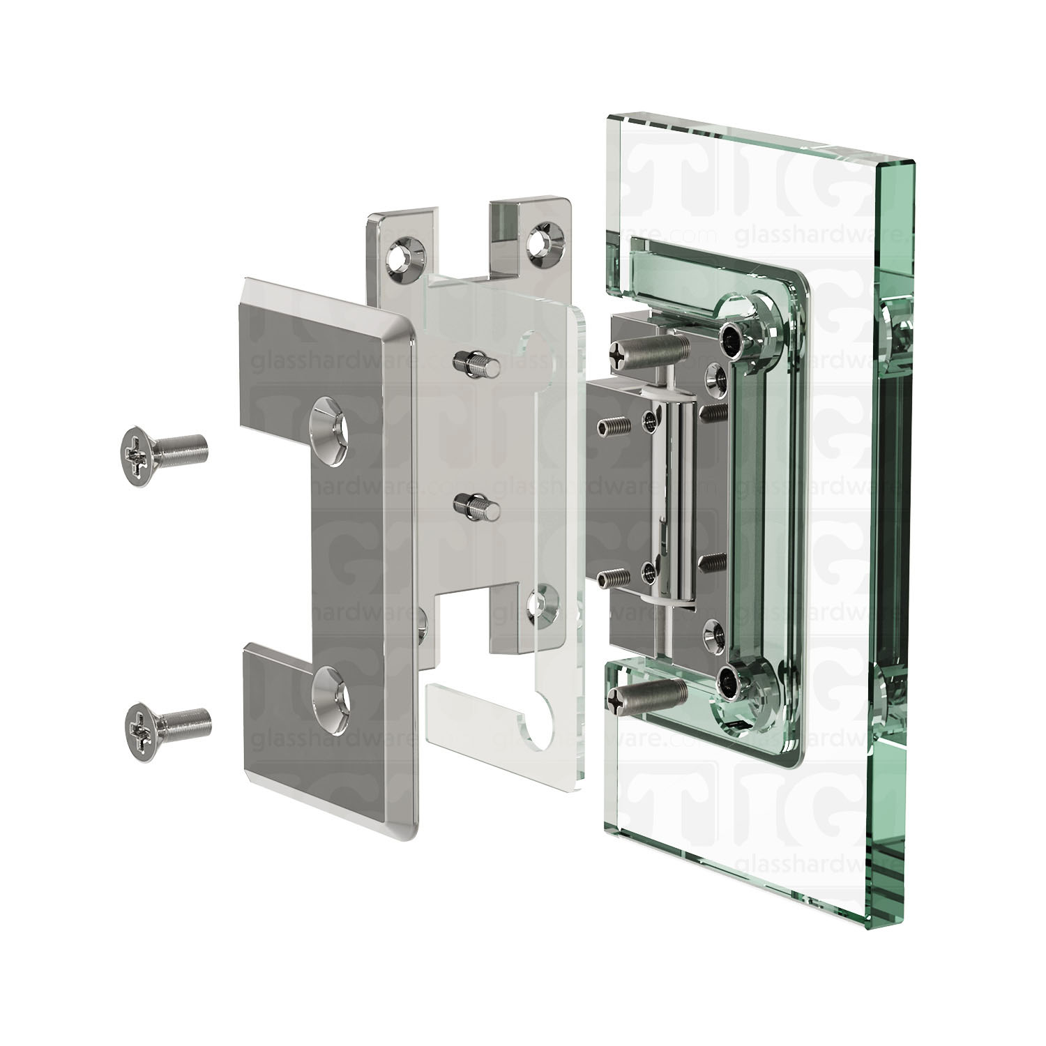 An exploded view of a Heavy Duty Adjustable Wall-to-Glass "H" Back Bilboa Hinge assembly. The image shows the hinge's plates, clear gaskets, and screws being fitted onto a glass planel. Chrome Polished.