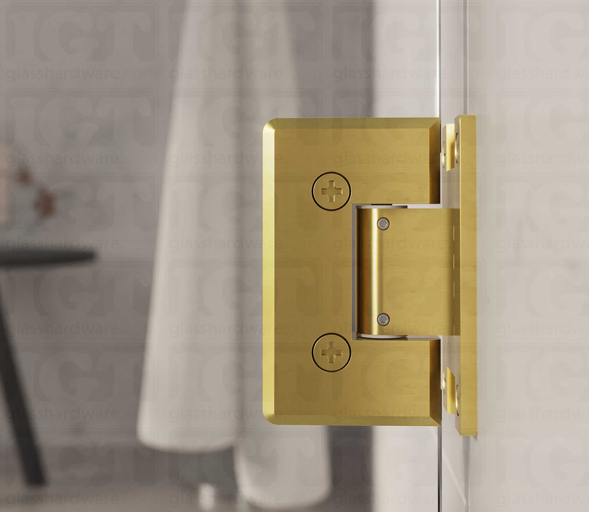 A close-up view from inside the shower of the Heavy Duty Adjustable Wall-to-Glass "H" Back Bilboa Hinge. Gold Brushed.