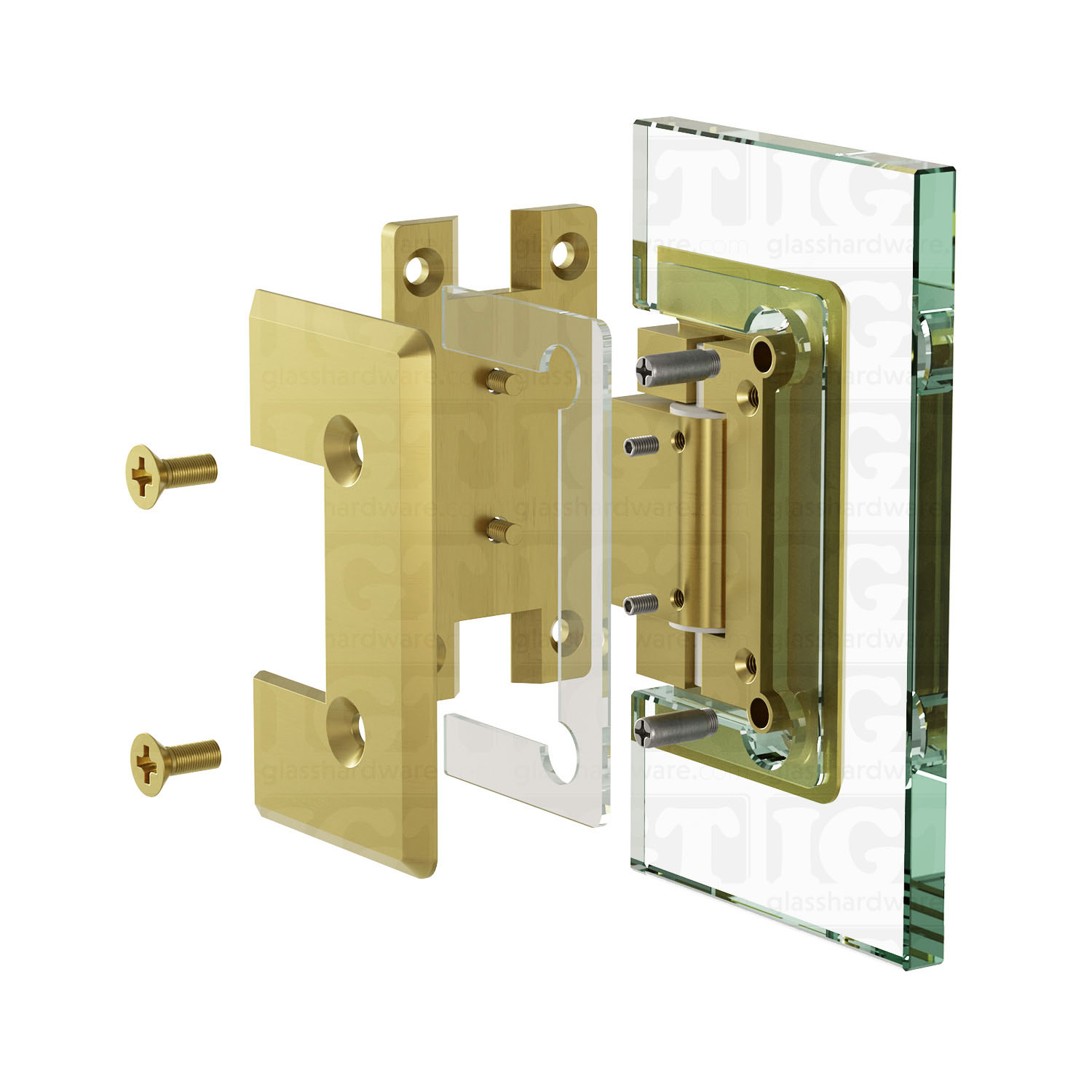 An exploded view of a Heavy Duty Adjustable Wall-to-Glass "H" Back Bilboa Hinge assembly. The image shows the hinge's plates, clear gaskets, and screws being fitted onto a glass planel. Gold Brushed.