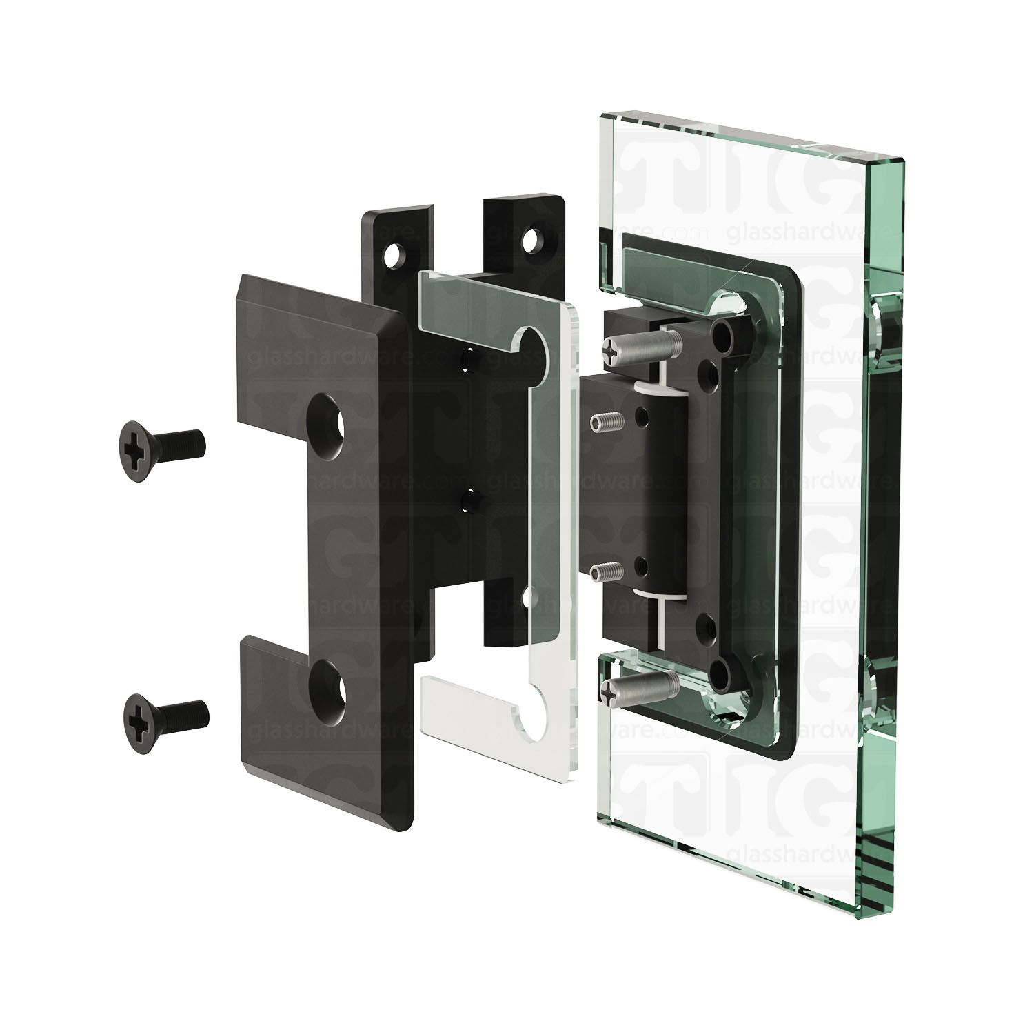 An exploded view of a Heavy Duty Adjustable Wall-to-Glass "H" Back Bilboa Hinge assembly. The image shows the hinge's plates, clear gaskets, and screws being fitted onto a glass planel. Matte Black.