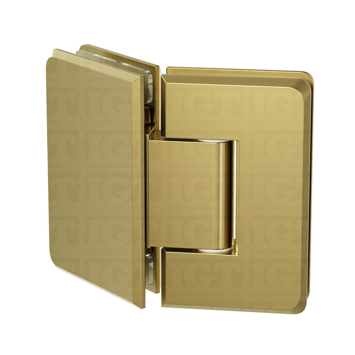 The Glass-to-Glass 135 Degree Bilboa Hinge in Gold Brushed.