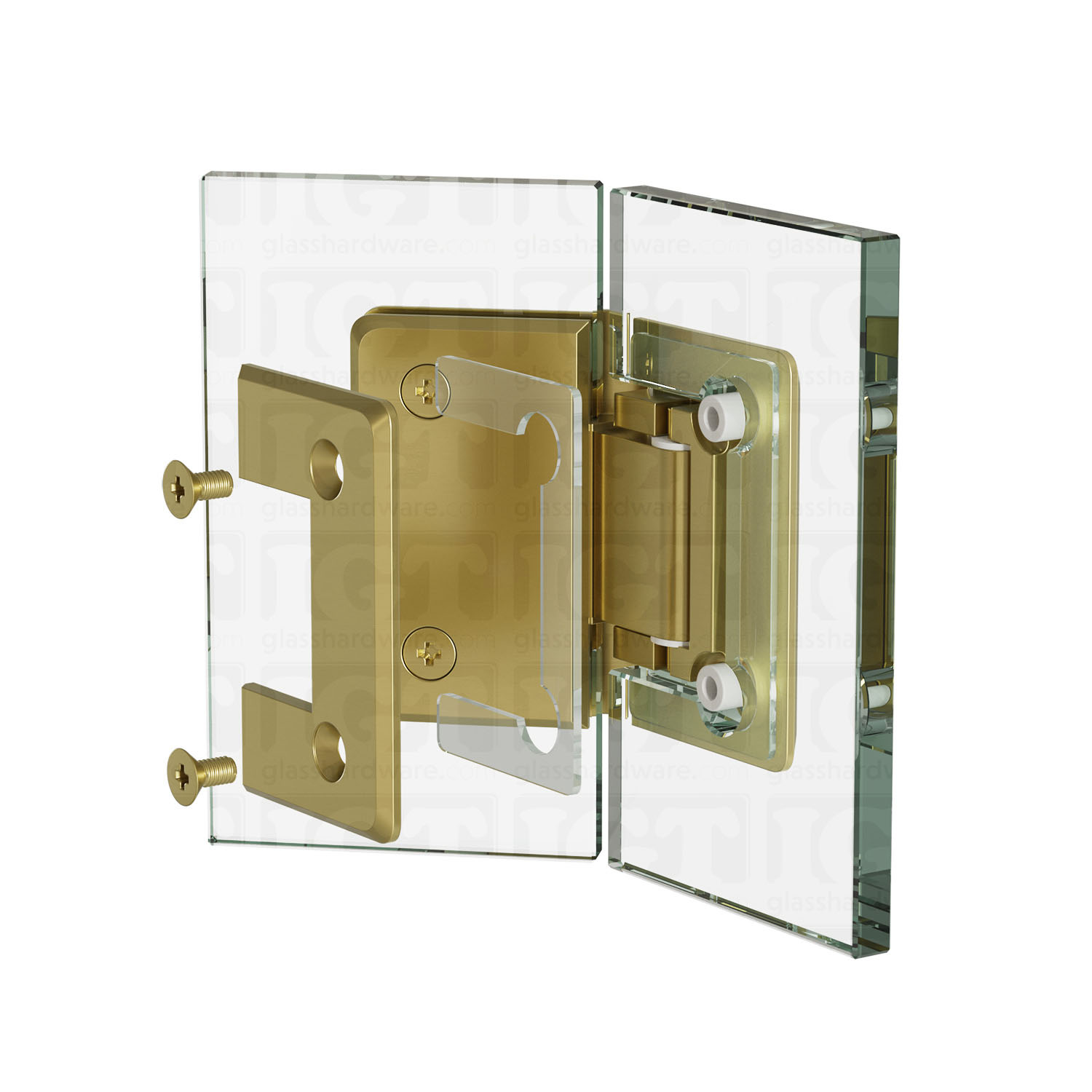 Exploded view of a Glass-to-Glass 135 Degree Bilboa Hinge assembly, showing its individual components. The image illustrates how the hinge attaches securely to the glass. Gold Brushed.