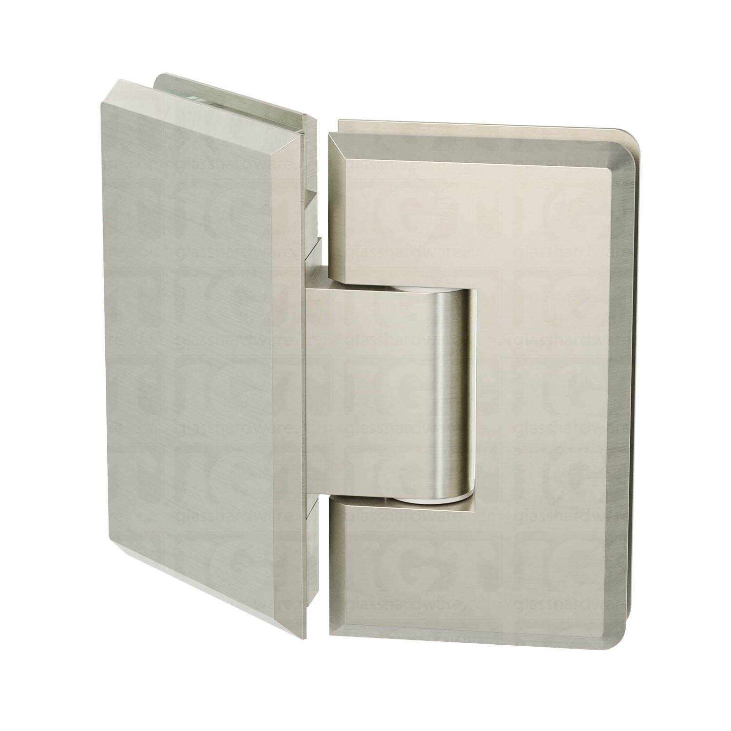 The Heavy Duty Glass-to-Glass 135 Degree Bilboa Hinge in Brushed Nickel.