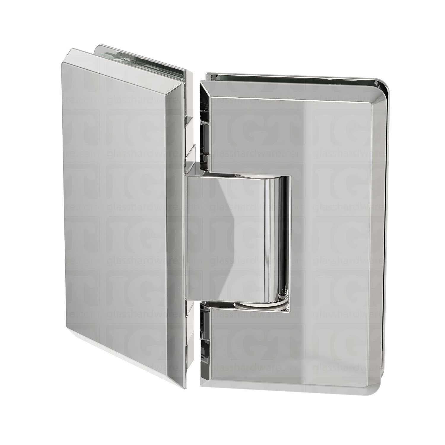 The Heavy Duty Glass-to-Glass 135 Degree Bilboa Hinge in Chrome Polished.