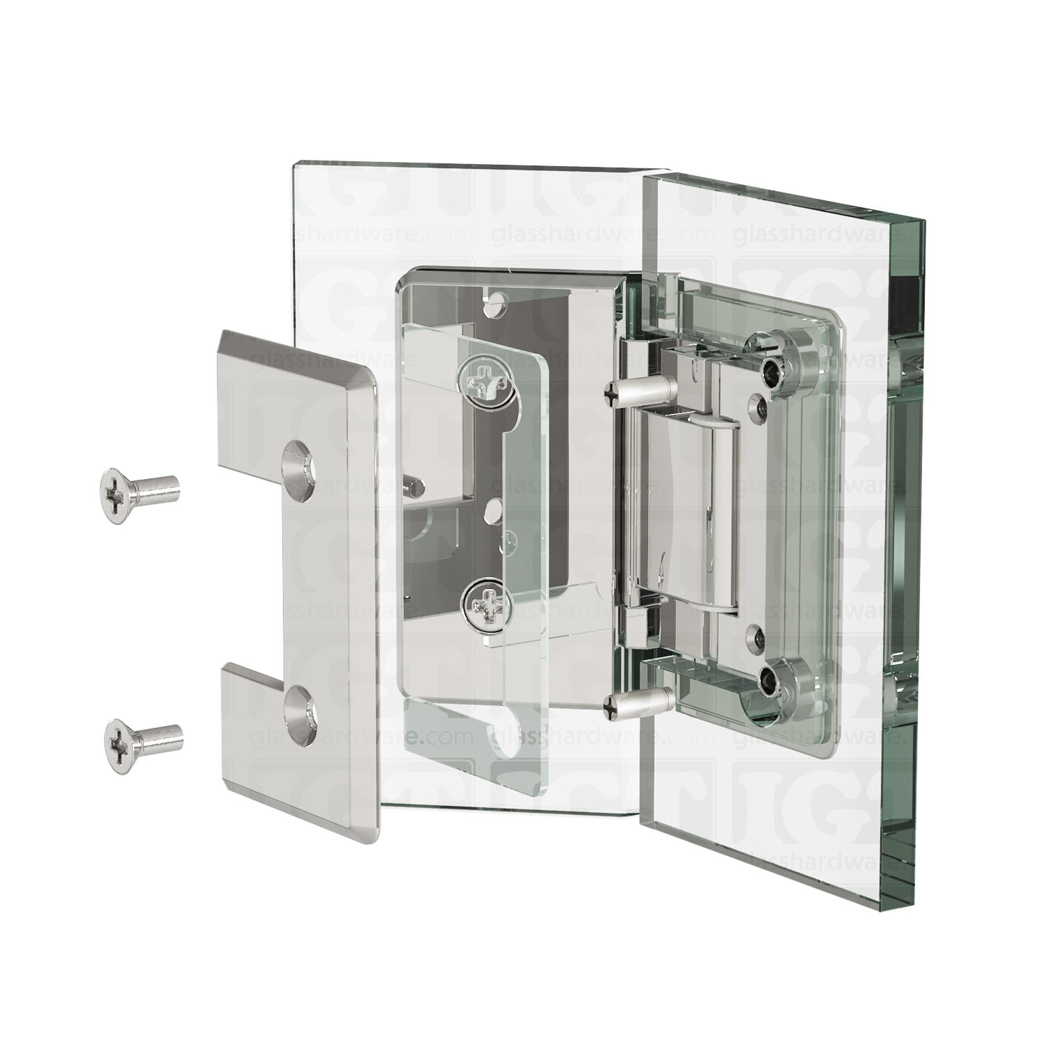 An exploded view of a Heavy Duty Glass-to-Glass 135 Degree Bilboa Hinge assembly. The image shows the hinge's plates, clear gaskets, and screws being fitted onto two glass planels meeting at an angle. Chrome Polished.