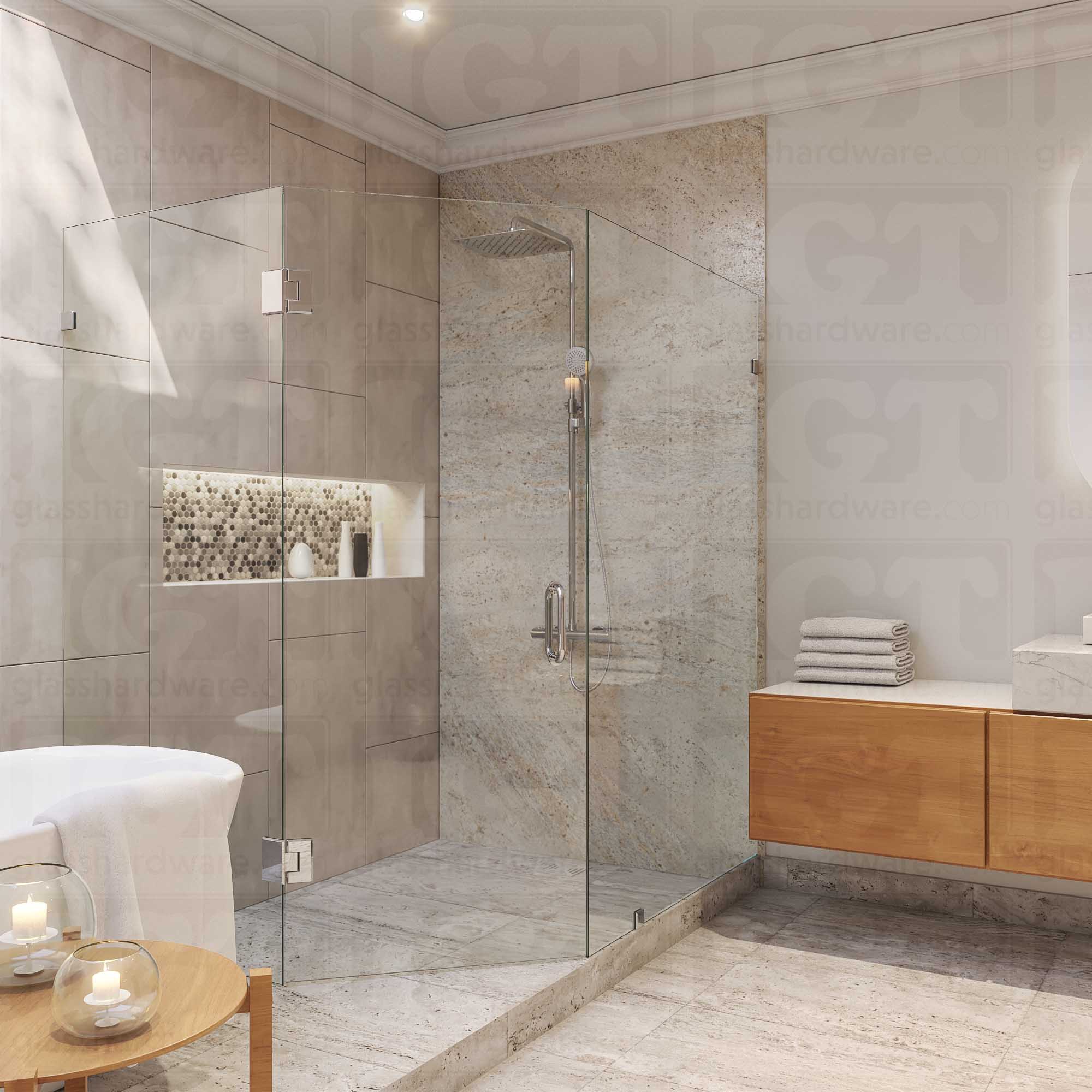 A modern bathroom complete with a frameless neo-angle shower. The glass door is secured with two Heavy Duty Glass-to-Glass 135 Degree Bilboa Hinges in Chrome Polished.