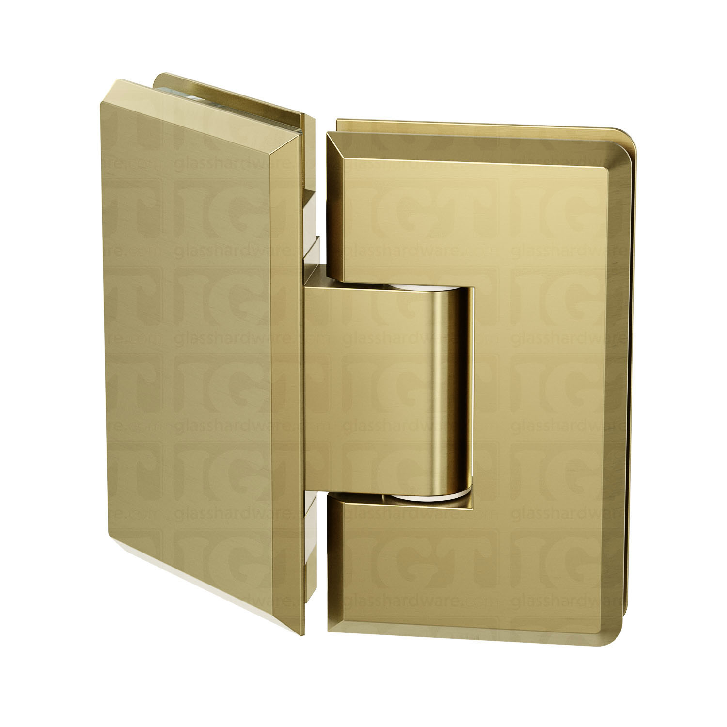 The Heavy Duty Glass-to-Glass 135 Degree Bilboa Hinge in Gold Brushed.