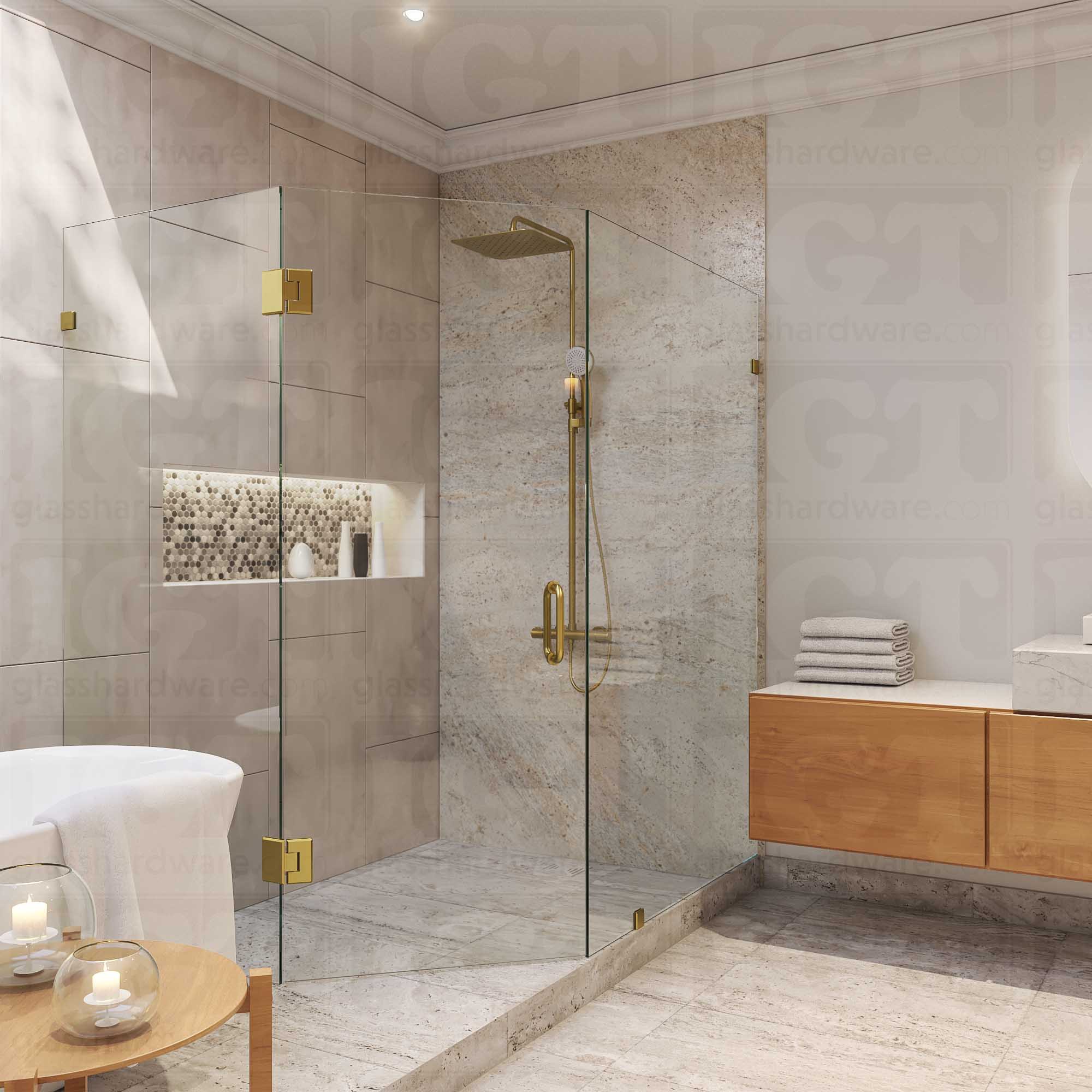 A modern bathroom complete with a frameless neo-angle shower. The glass door is secured with two Heavy Duty Glass-to-Glass 135 Degree Bilboa Hinges in Gold Brushed.