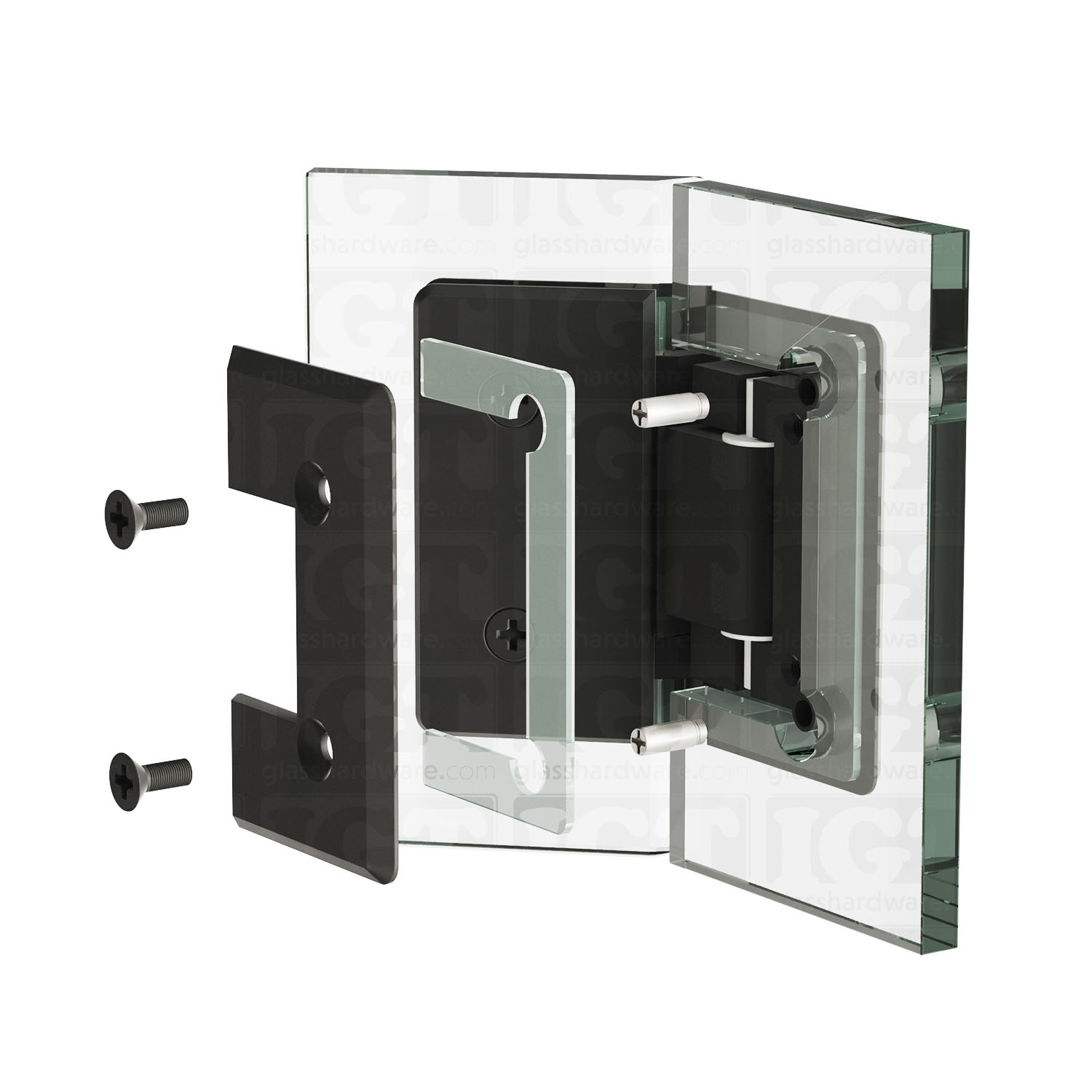 An exploded view of a Heavy Duty Glass-to-Glass 135 Degree Bilboa Hinge assembly. The image shows the hinge's plates, clear gaskets, and screws being fitted onto two glass planels meeting at an angle. Matte Black.