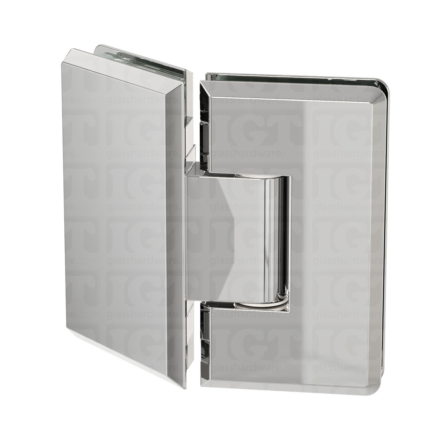 The Heavy Duty Adjustable Glass-to-Glass 135 Degree Bilboa Hinge in Chrome Polished.