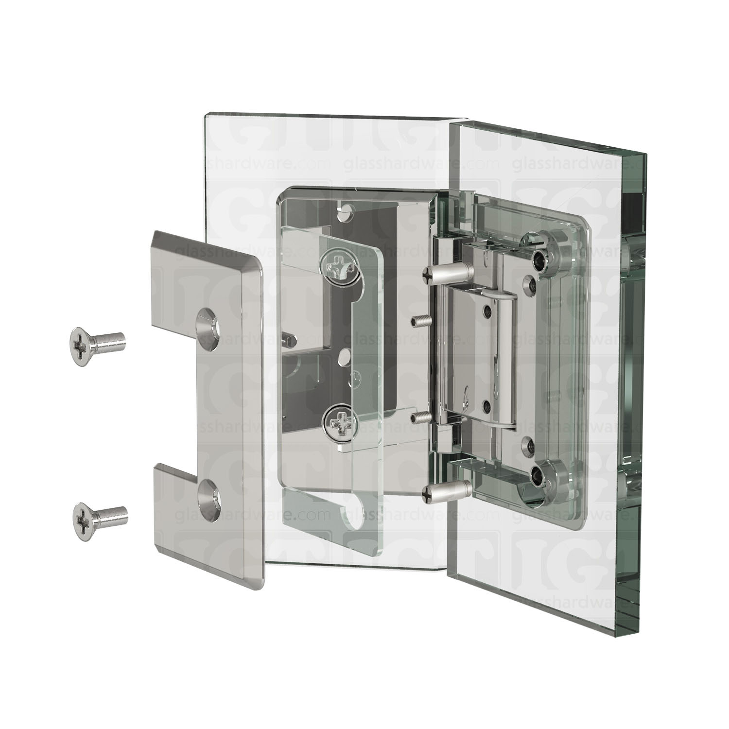 An exploded view of a Heavy Duty Adjustable Glass-to-Glass 135 Degree Bilboa Hinge assembly. The image shows the hinge's plates, clear gaskets, and screws being fitted onto two glass planels meeting at an angle. Chrome Polished.