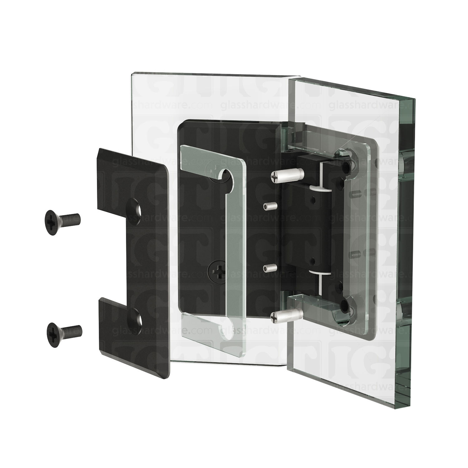 An exploded view of a Heavy Duty Adjustable Glass-to-Glass 135 Degree Bilboa Hinge assembly. The image shows the hinge's plates, clear gaskets, and screws being fitted onto two glass planels meeting at an angle. Matte Black.